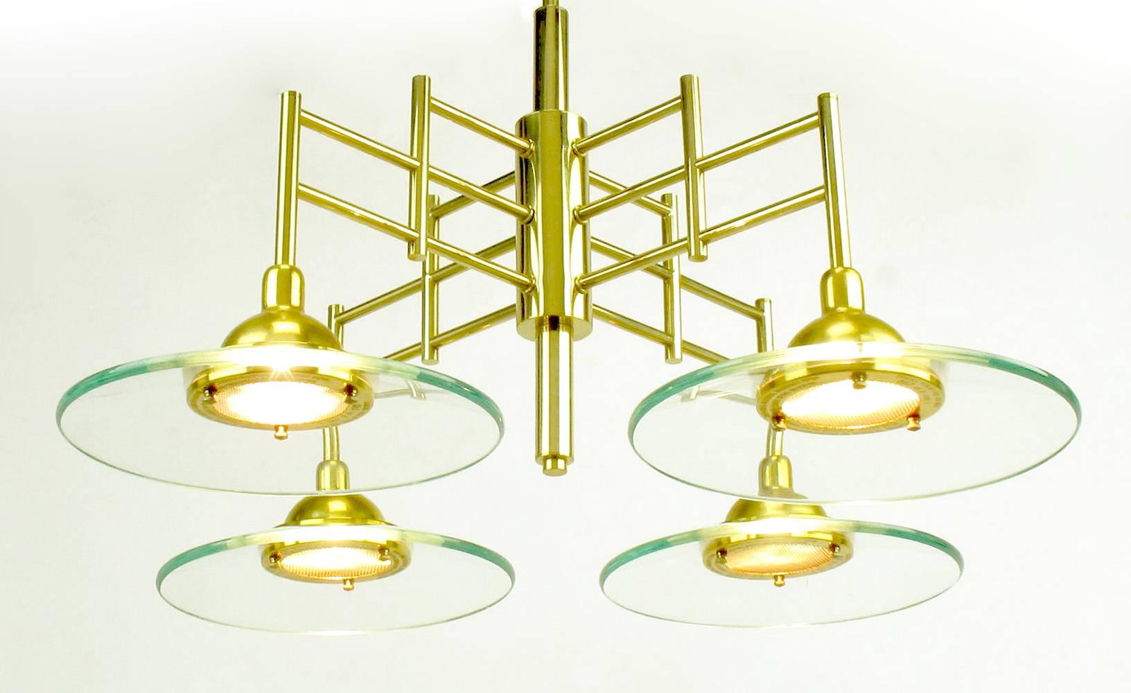 Late 20th Century Architectural Four-Light Brass and Glass Pendant Halogen Chandelier For Sale