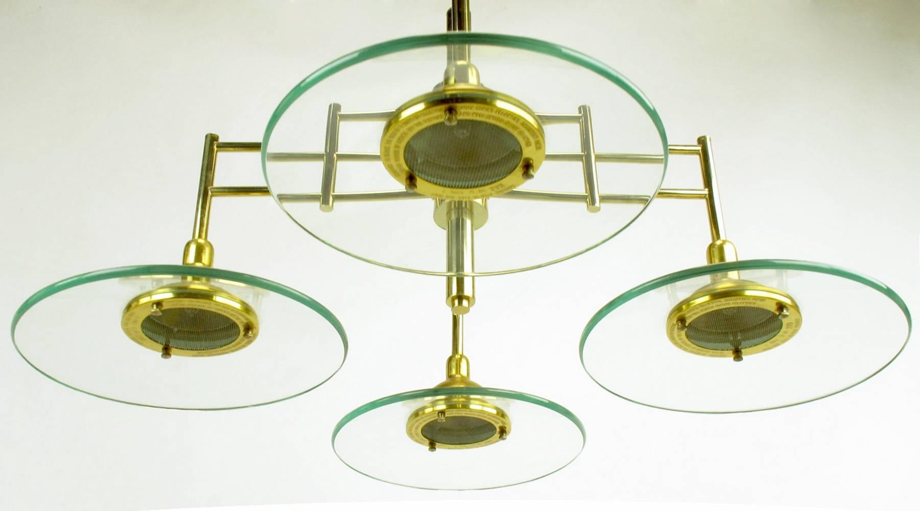 Architectural Four-Light Brass and Glass Pendant Halogen Chandelier For Sale 1