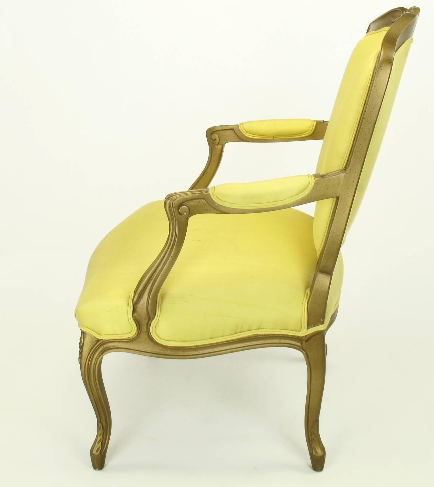 American 1940s Giltwood Louis XV Style Fauteuil with Saffron Silk Upholstery