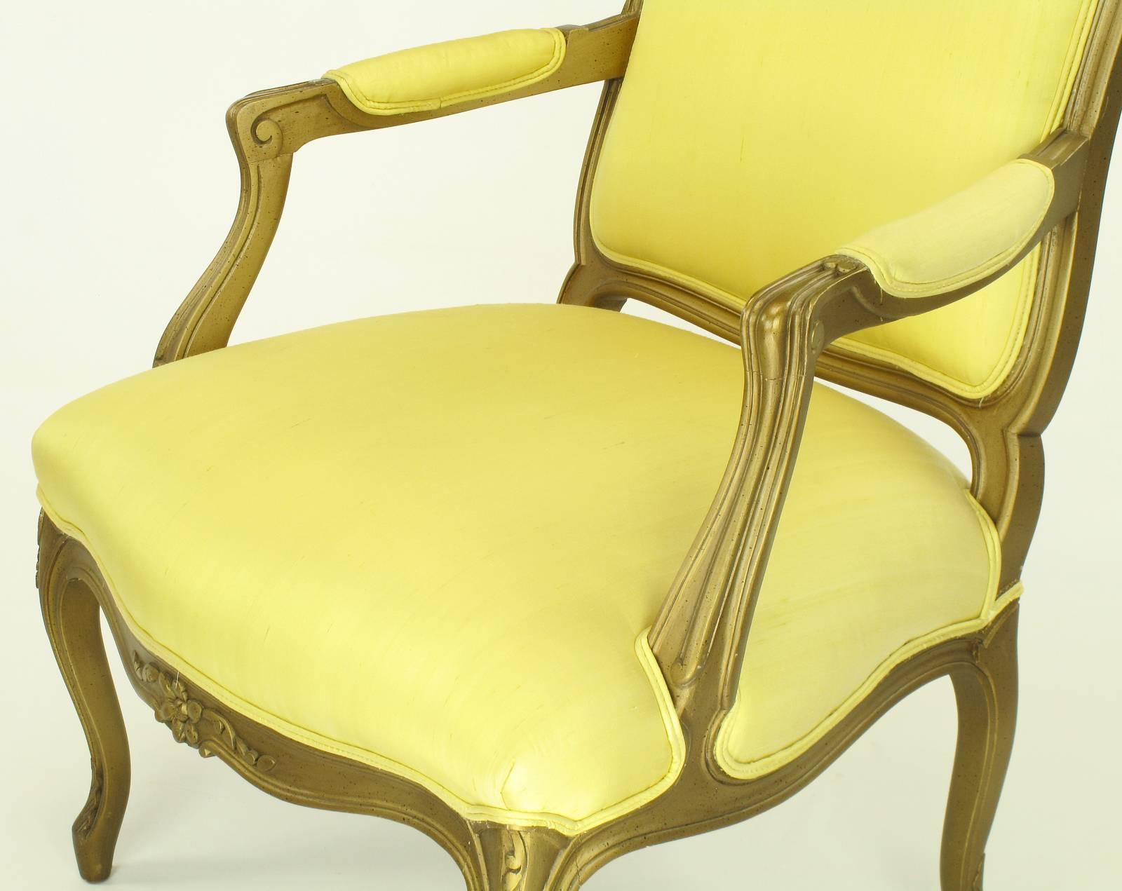 Mid-20th Century 1940s Giltwood Louis XV Style Fauteuil with Saffron Silk Upholstery