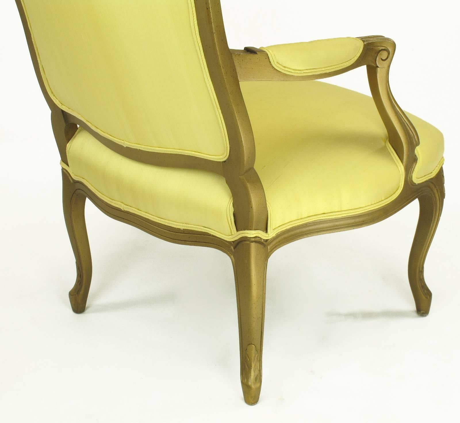 1940s Giltwood Louis XV Style Fauteuil with Saffron Silk Upholstery 1