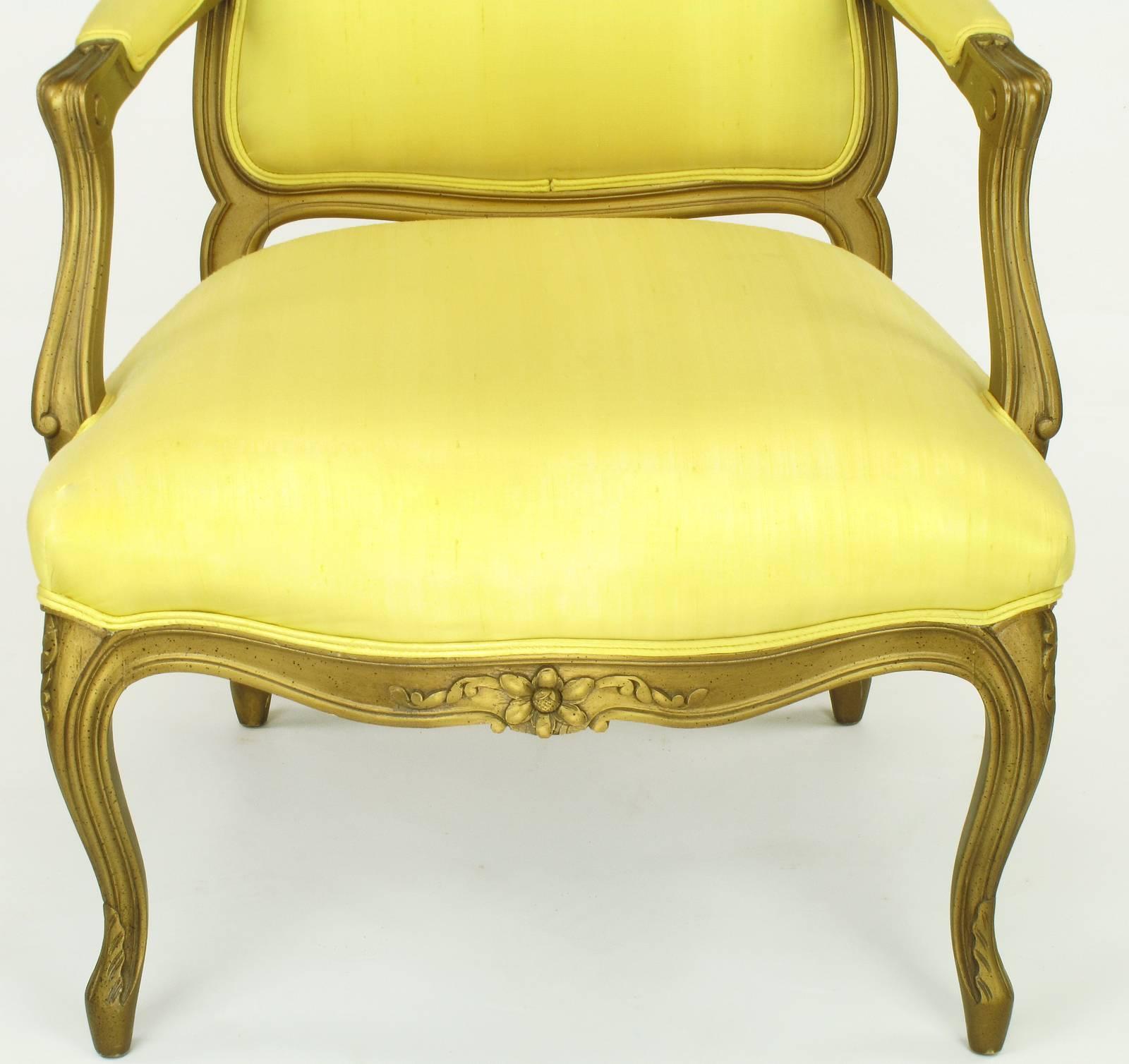 1940s Giltwood Louis XV Style Fauteuil with Saffron Silk Upholstery 2