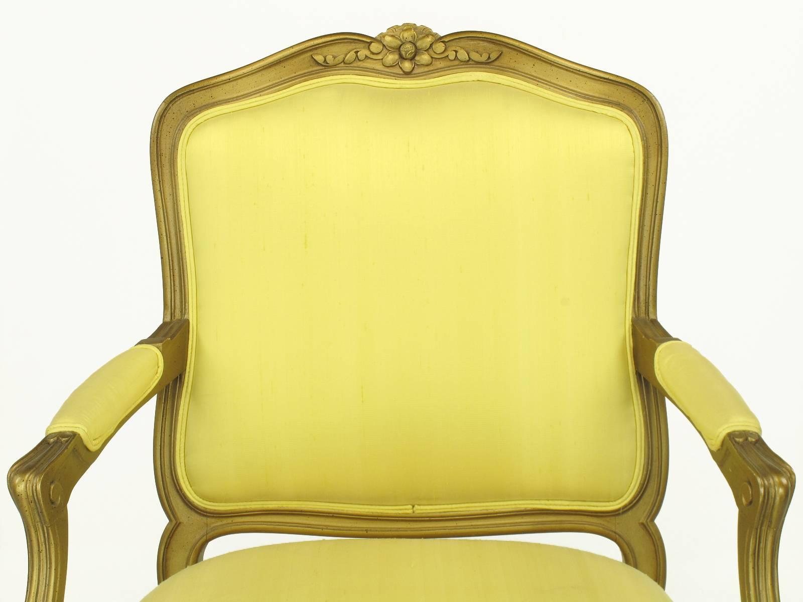 1940s Giltwood Louis XV Style Fauteuil with Saffron Silk Upholstery 3