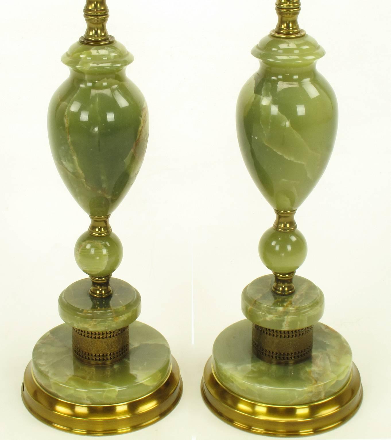 American Pair of 1940s Green Onyx and Brass Regency Table Lamps