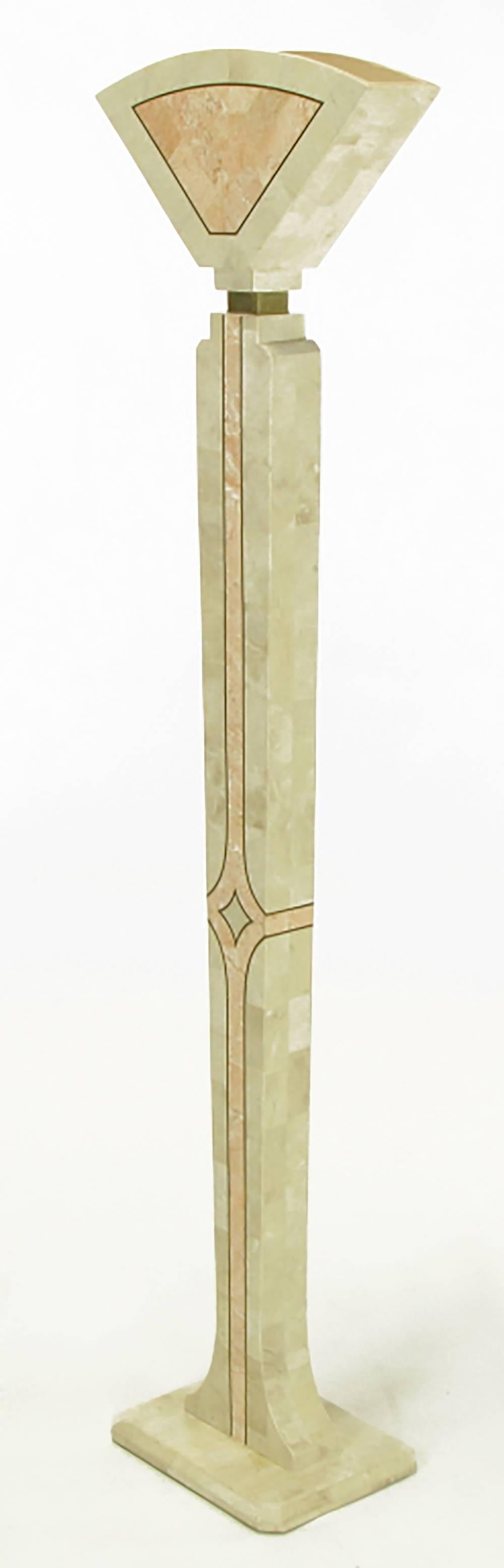 Impressive, tessellated fossil stone over wood Art Deco revival floor lamp from Robert Marcius for Casa Bique. Brass inlay demaking the fossil stone sections, square brass spacer between the base and the fan shaped shade. 

Manufactured in the