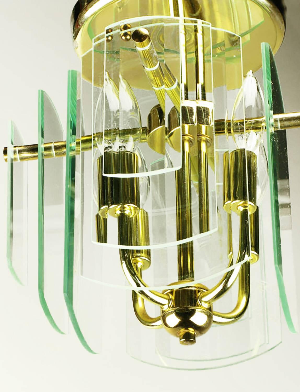 American Pair Brass and Beveled Graduated Glass Ceiling Lights For Sale