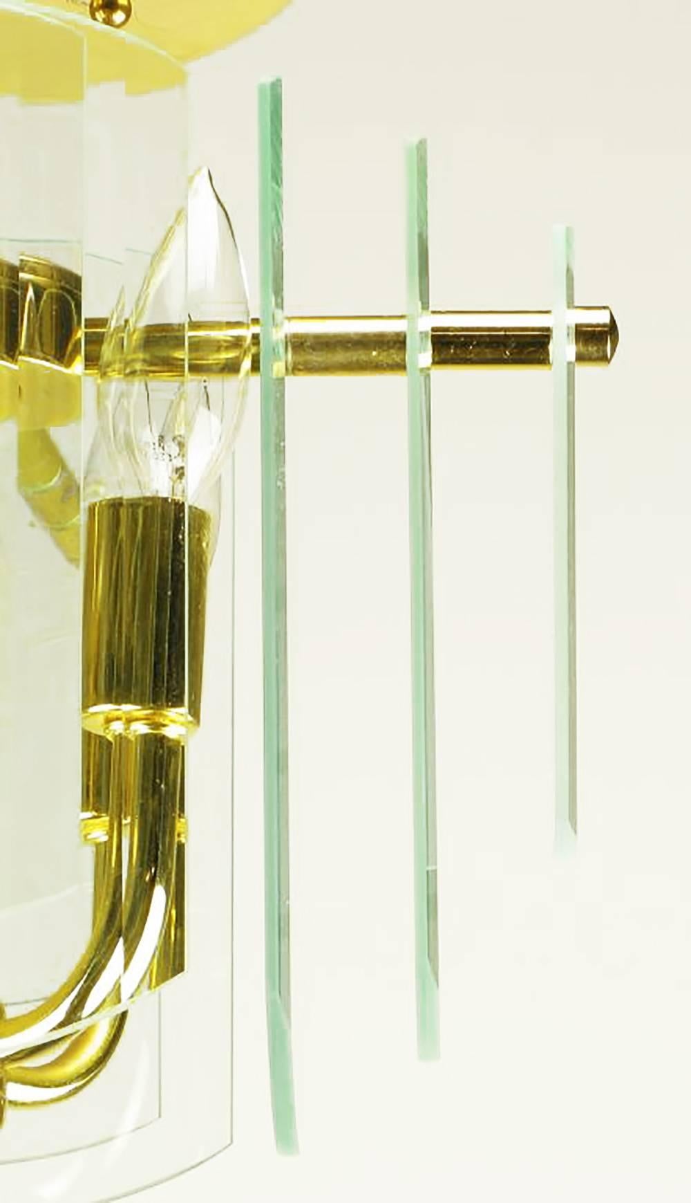 Pair Brass and Beveled Graduated Glass Ceiling Lights In Good Condition For Sale In Chicago, IL
