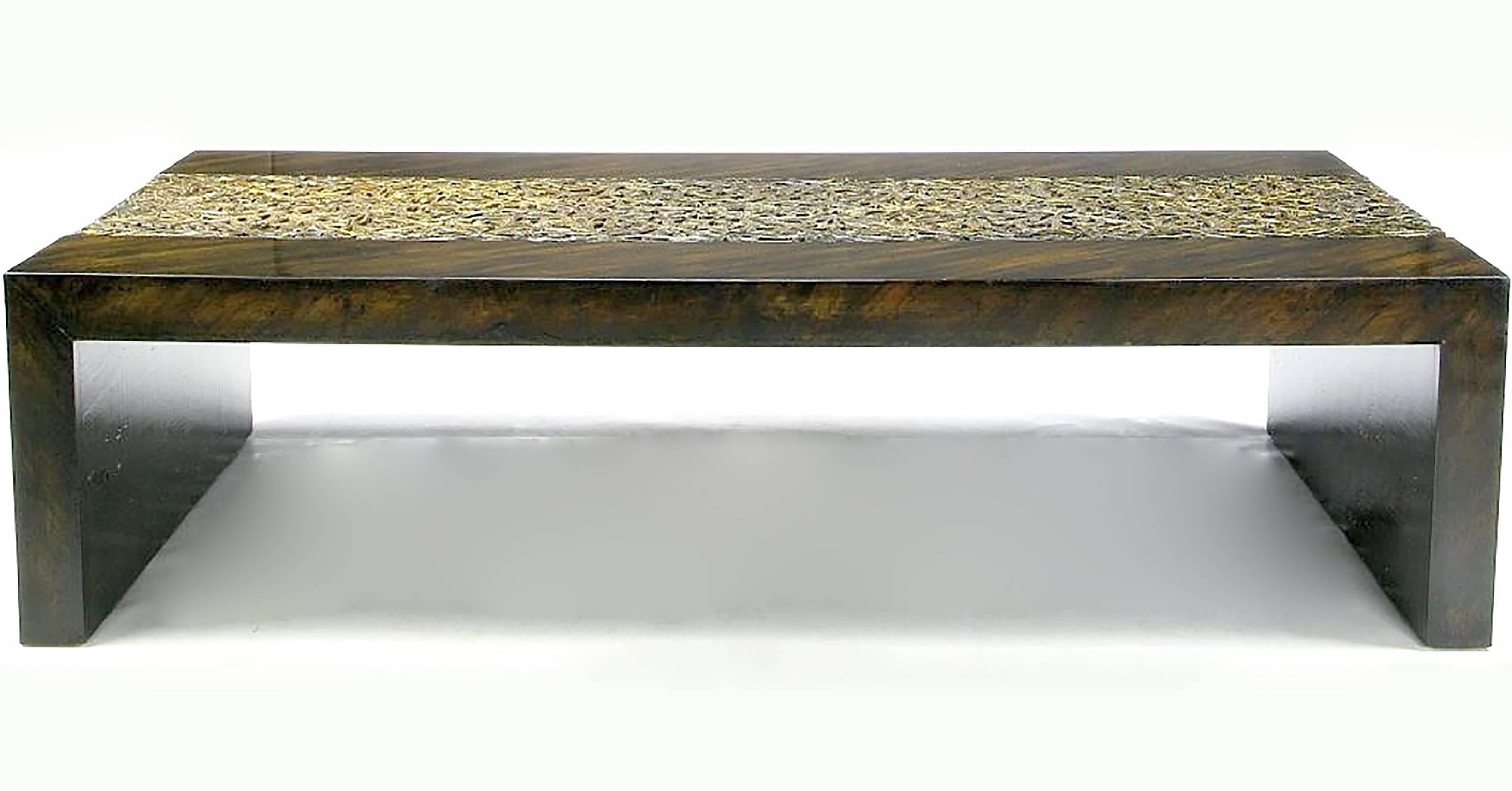 This impressively sized coffee table was created by Beverly Hills designer-to-the-stars, Phyllis Morris. Creatively hand painted finish to appear as dark-stained zebrano wood on the diagonal, with a gilded resin inset relief, cast in an arabesque