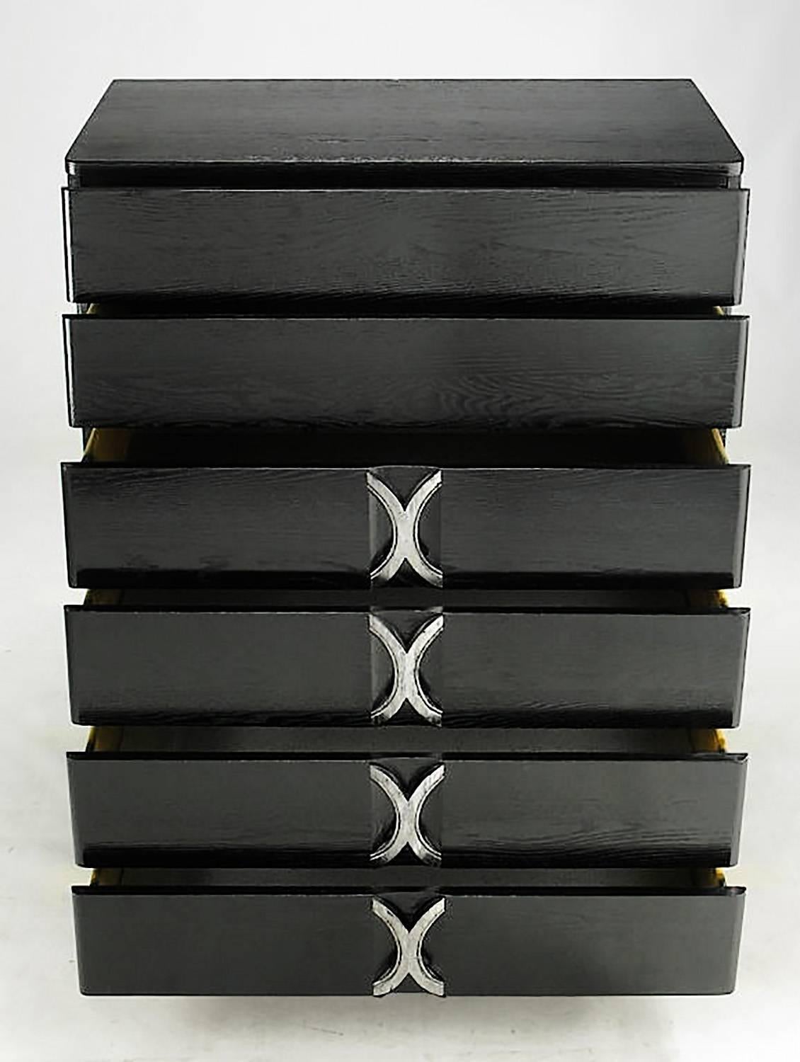 1940s Black Lacquer and Silver Leafed Six-Drawer Tall Chest In Excellent Condition In Chicago, IL