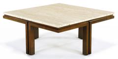 Walnut and Travertine Square Coffee Table with Offset Legs