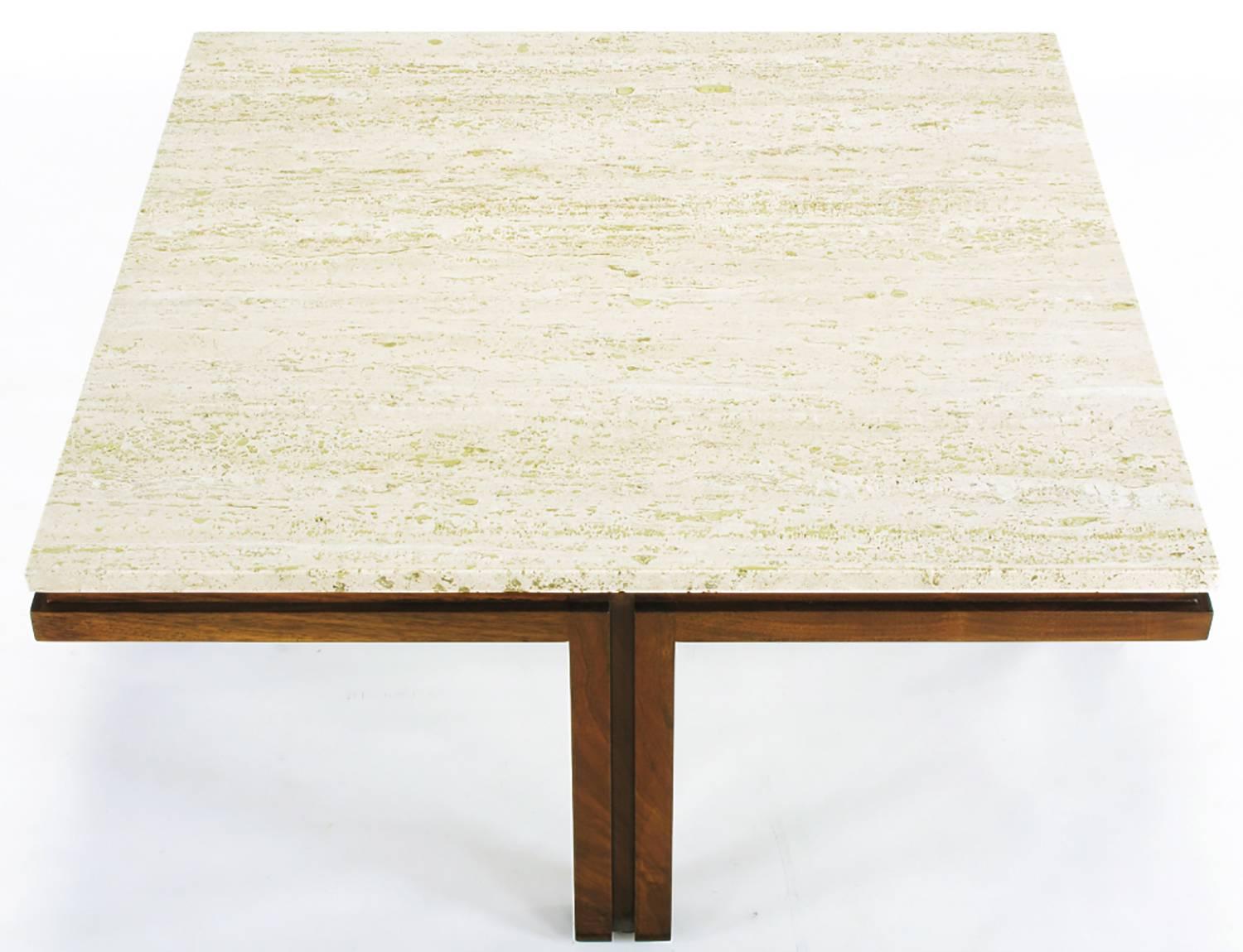 Mid-Century Modern Walnut and Travertine Square Coffee Table with Offset Legs