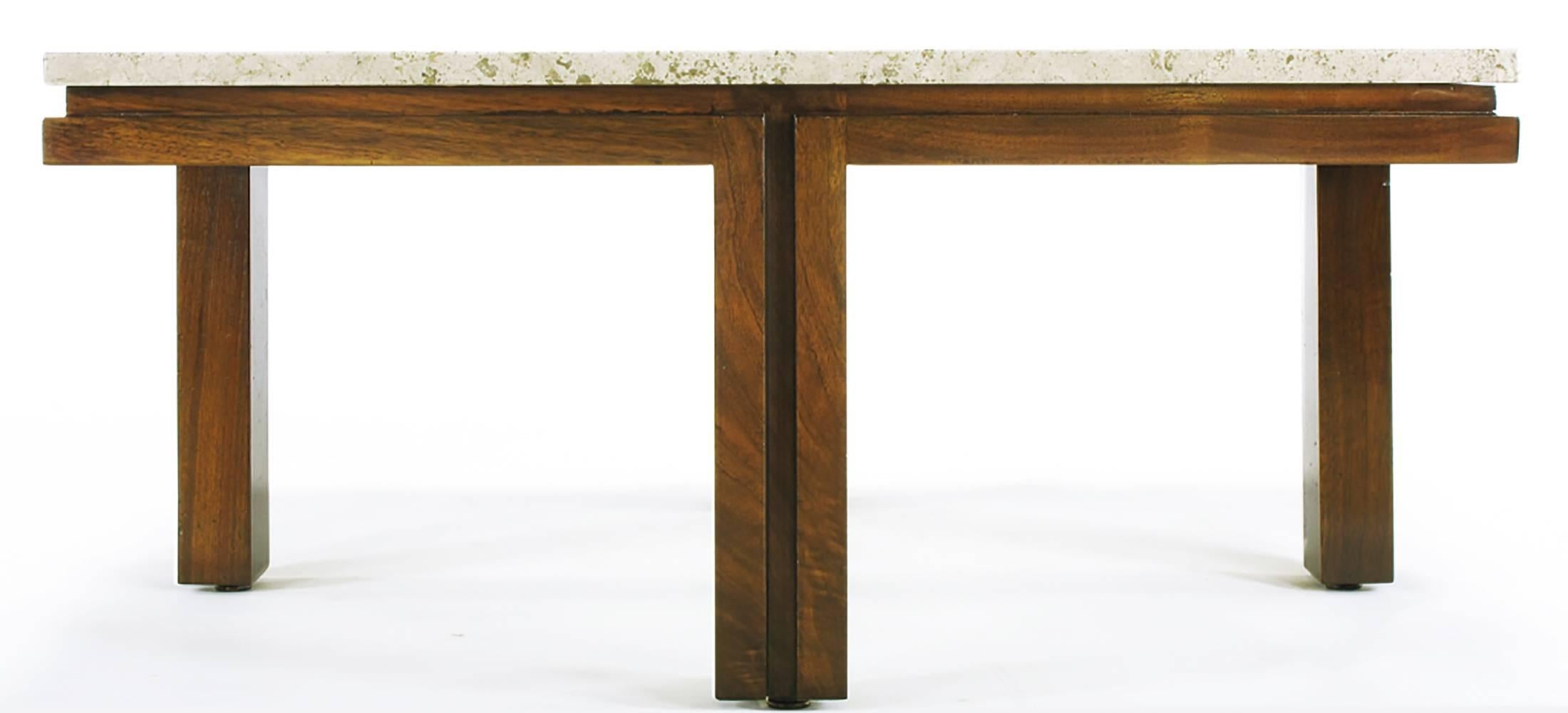 Italian Walnut and Travertine Square Coffee Table with Offset Legs