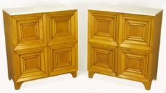 Pair of Solid White Oak Carved Four-Panel Commodes with Carrera Marble Tops