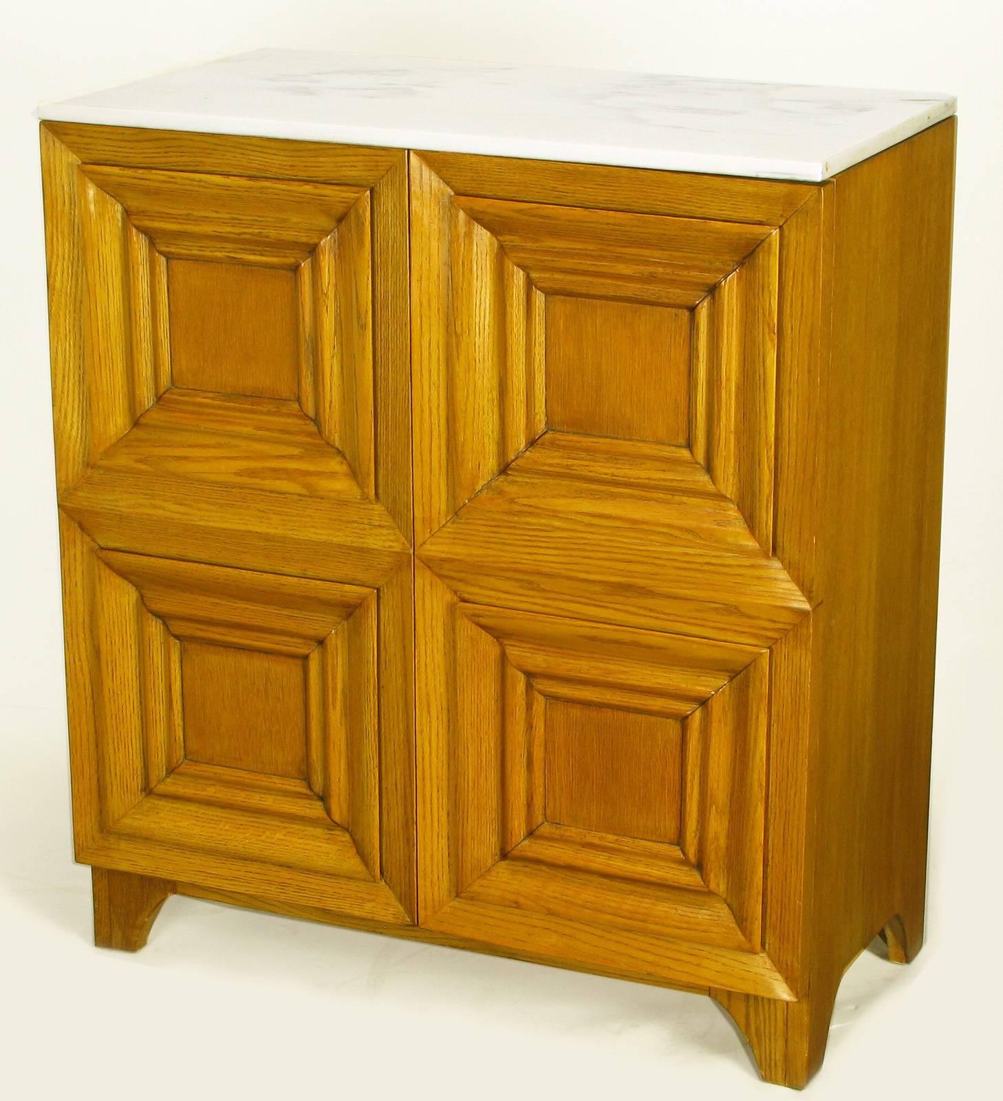 Pair of Solid White Oak Carved Four-Panel Commodes with Carrera Marble Tops In Excellent Condition For Sale In Chicago, IL