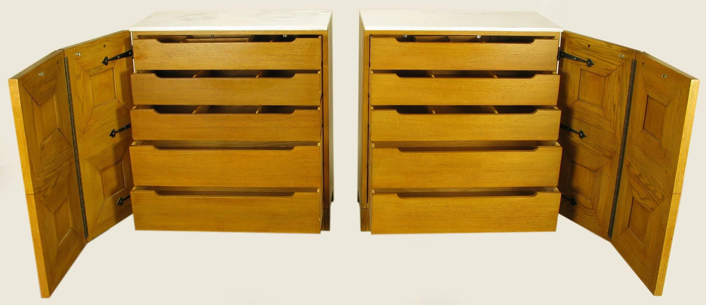 Mid-20th Century Pair of Solid White Oak Carved Four-Panel Commodes with Carrera Marble Tops For Sale