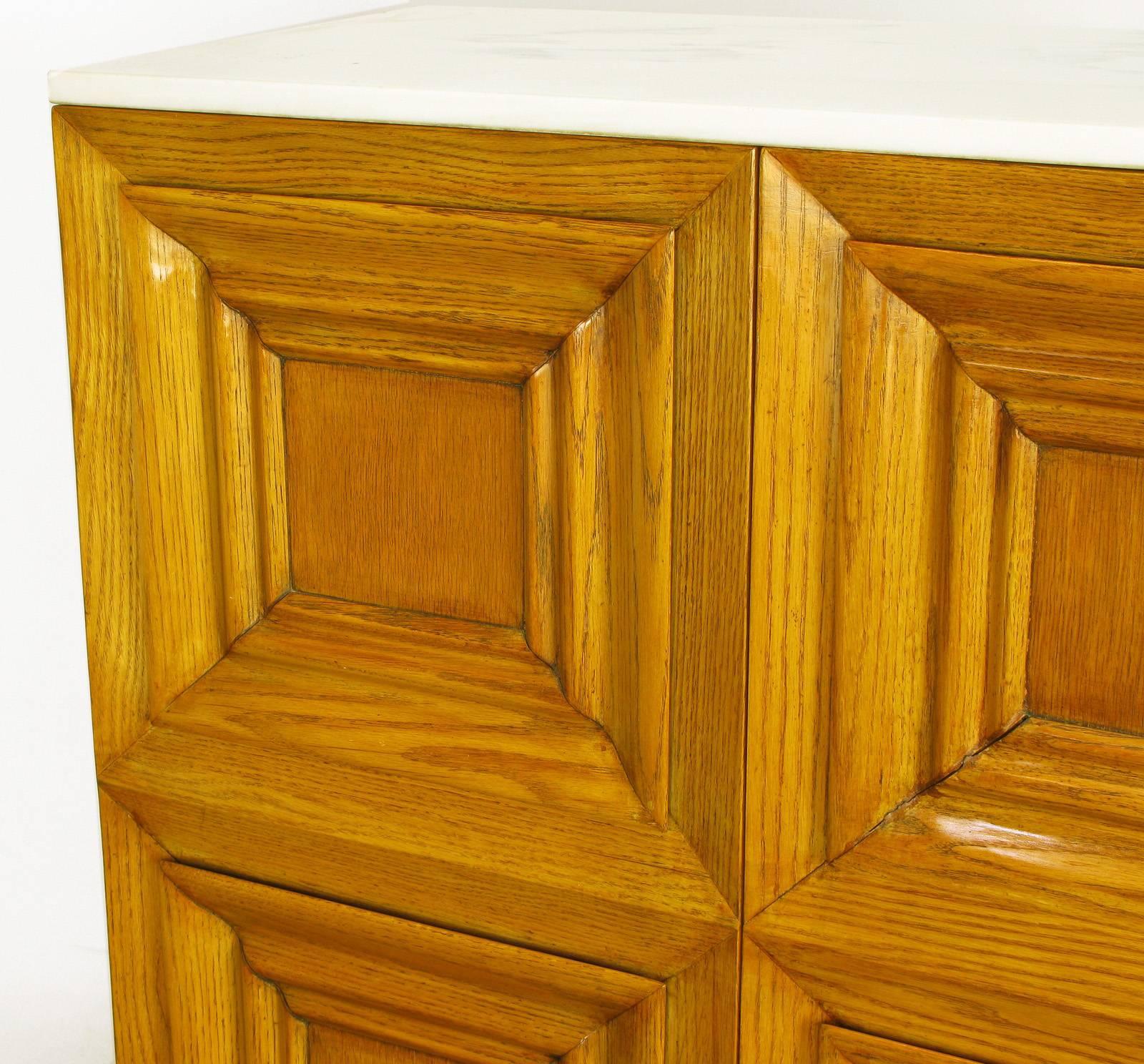 Pair of Solid White Oak Carved Four-Panel Commodes with Carrera Marble Tops For Sale 1