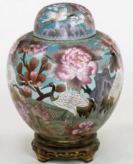 Pair of Chinese Cloisonné Urns with Red-Crowned Cranes and Peonies