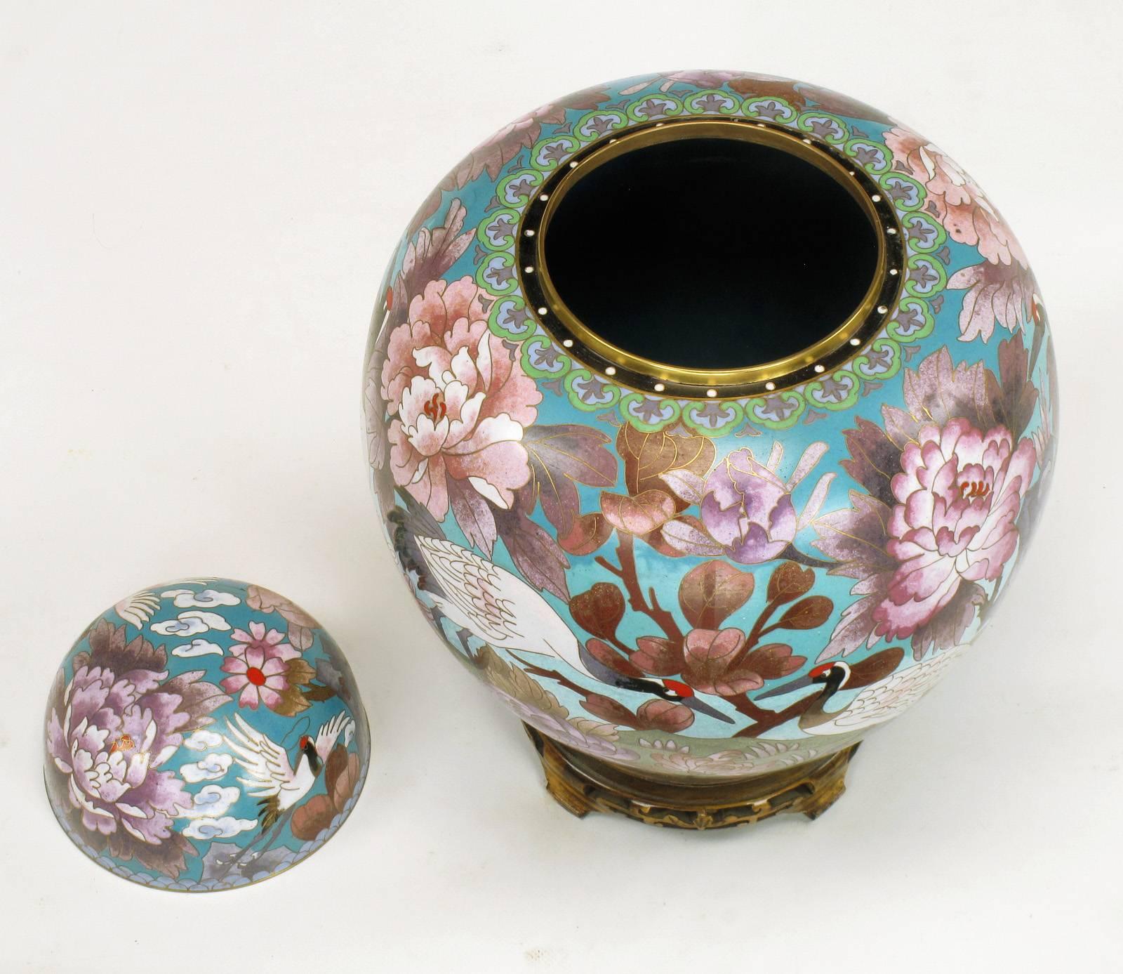 Pair of Chinese Cloisonné Urns with Red-Crowned Cranes and Peonies In Excellent Condition For Sale In Chicago, IL