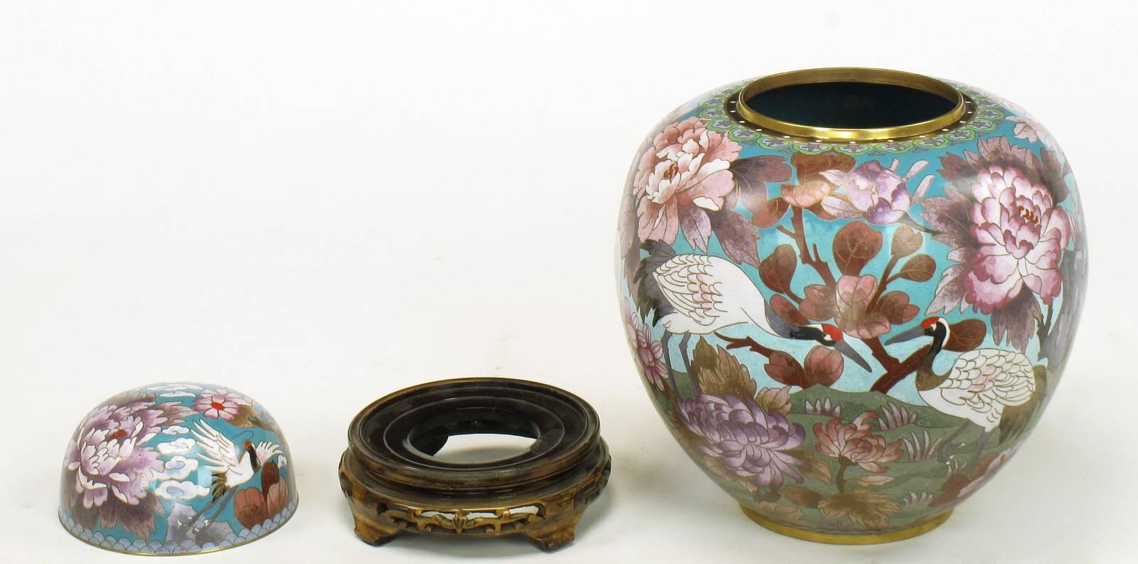 Late 20th Century Pair of Chinese Cloisonné Urns with Red-Crowned Cranes and Peonies For Sale