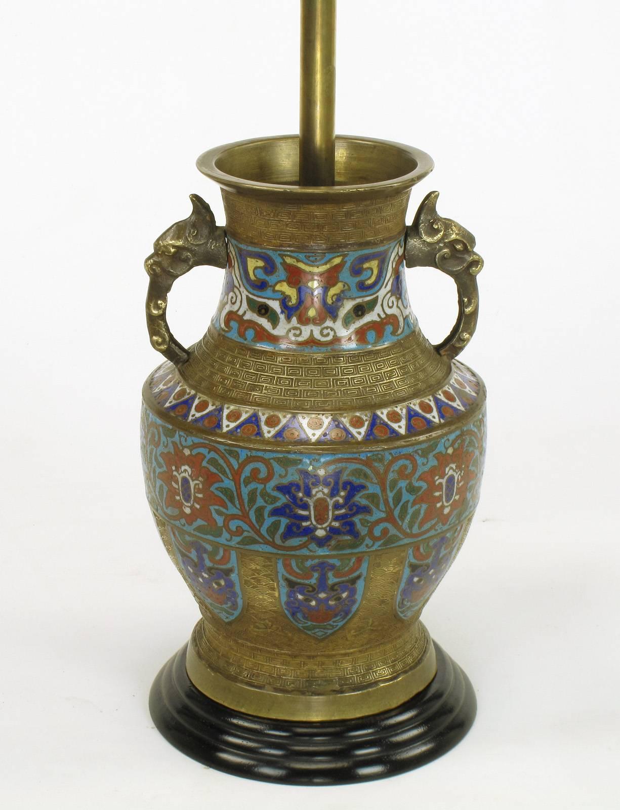 Pair of Japanese Brass Champlevé Cloisonné Urn-Form Table Lamps In Good Condition In Chicago, IL