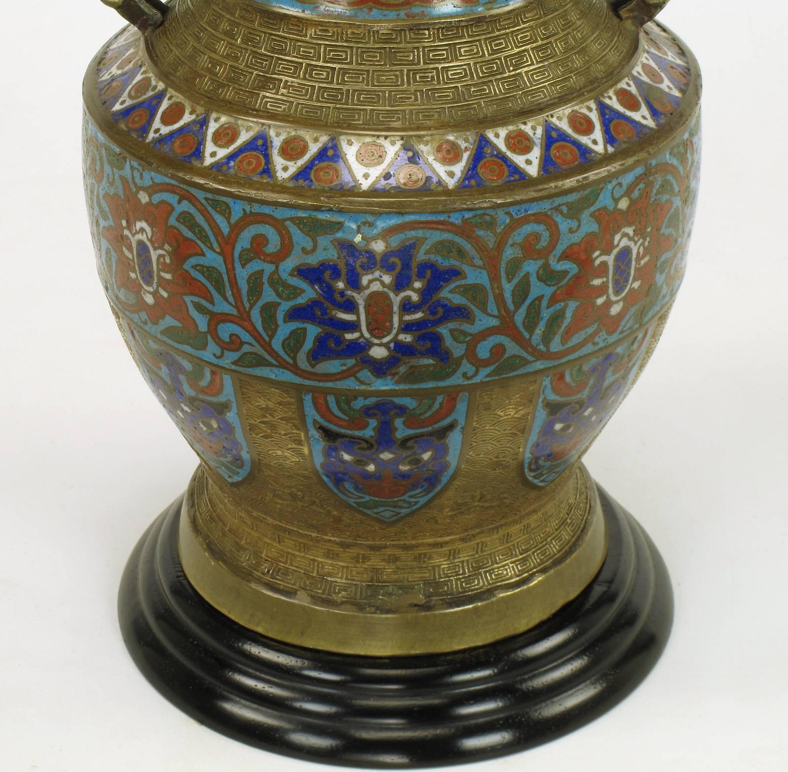 Pair of Japanese Brass Champlevé Cloisonné Urn-Form Table Lamps 1
