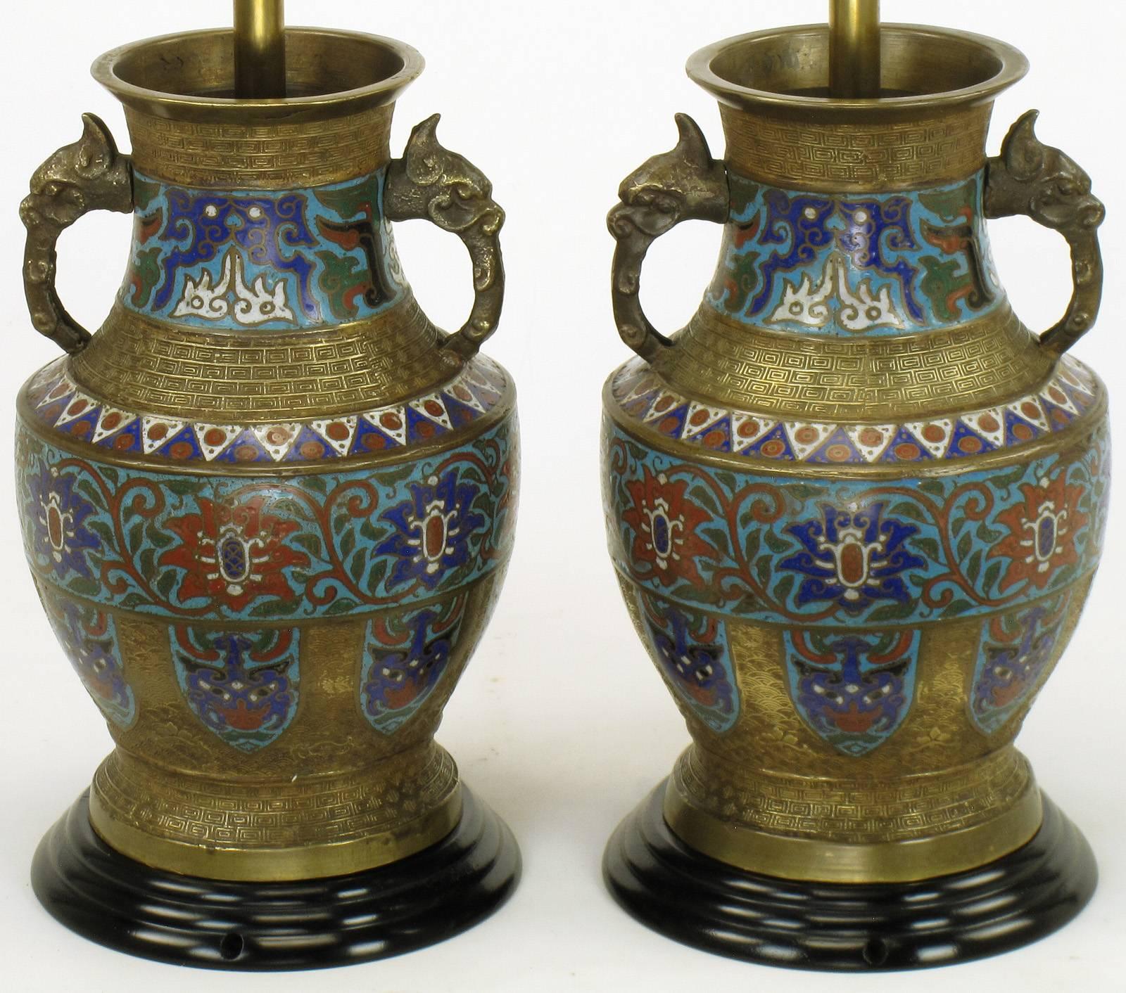 Pair of Japanese Brass Champlevé Cloisonné Urn-Form Table Lamps 2