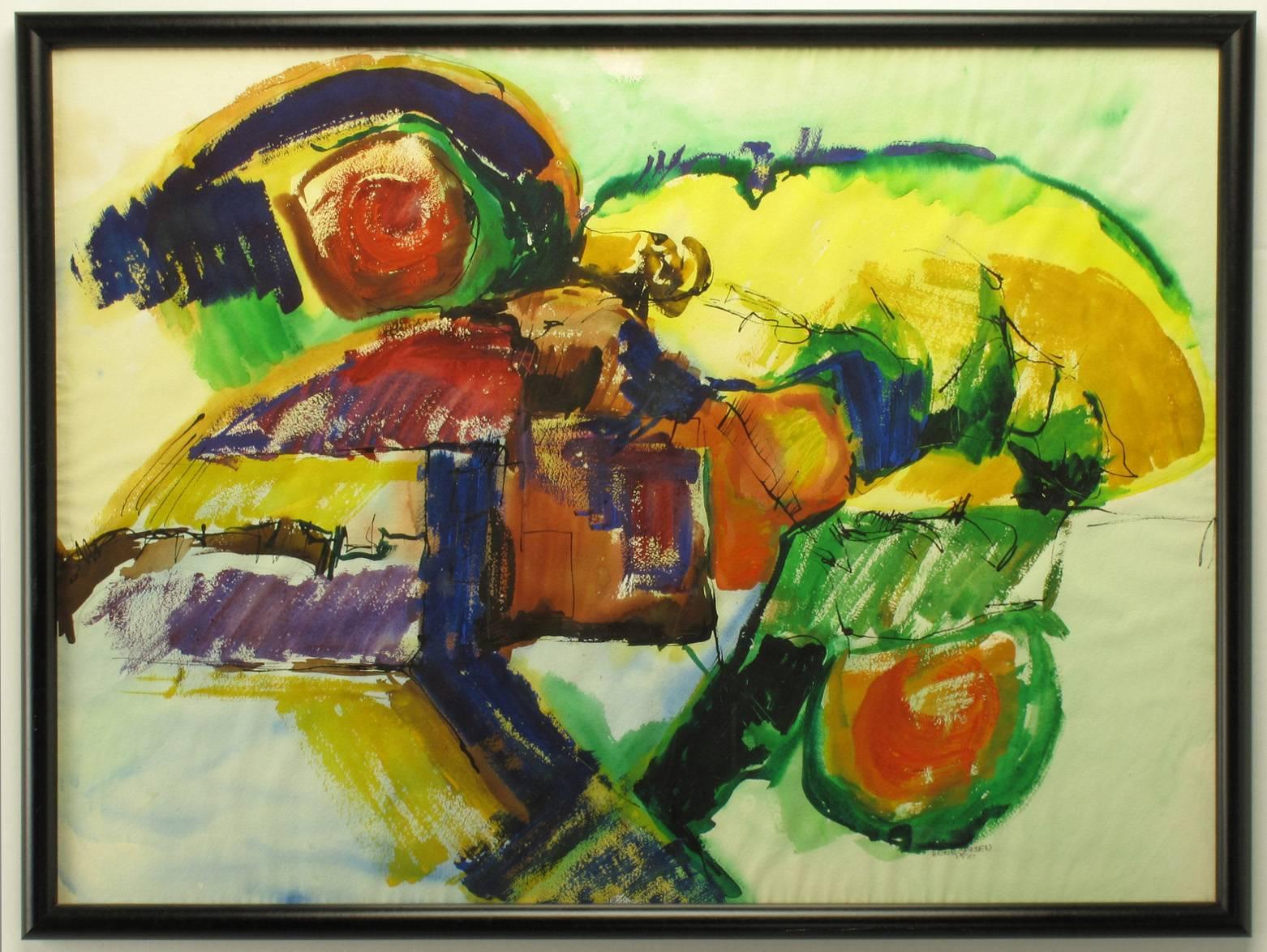 Abstraktes Gemälde in Mischtechnik auf Aquarellpapier von Anne Jansen, datiert 1970. Die Farbpalette umfasst hauptsächlich Grundfarben in Blau, Gelb, Grün und Rot. Die Zugabe von Tinte und Acryl verleiht der Aquarellbasis mehr Tiefe. Der Rahmen ist