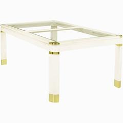 Karl Springer Style Off-White Lacquered Wood, Brass and Glass Dining Table