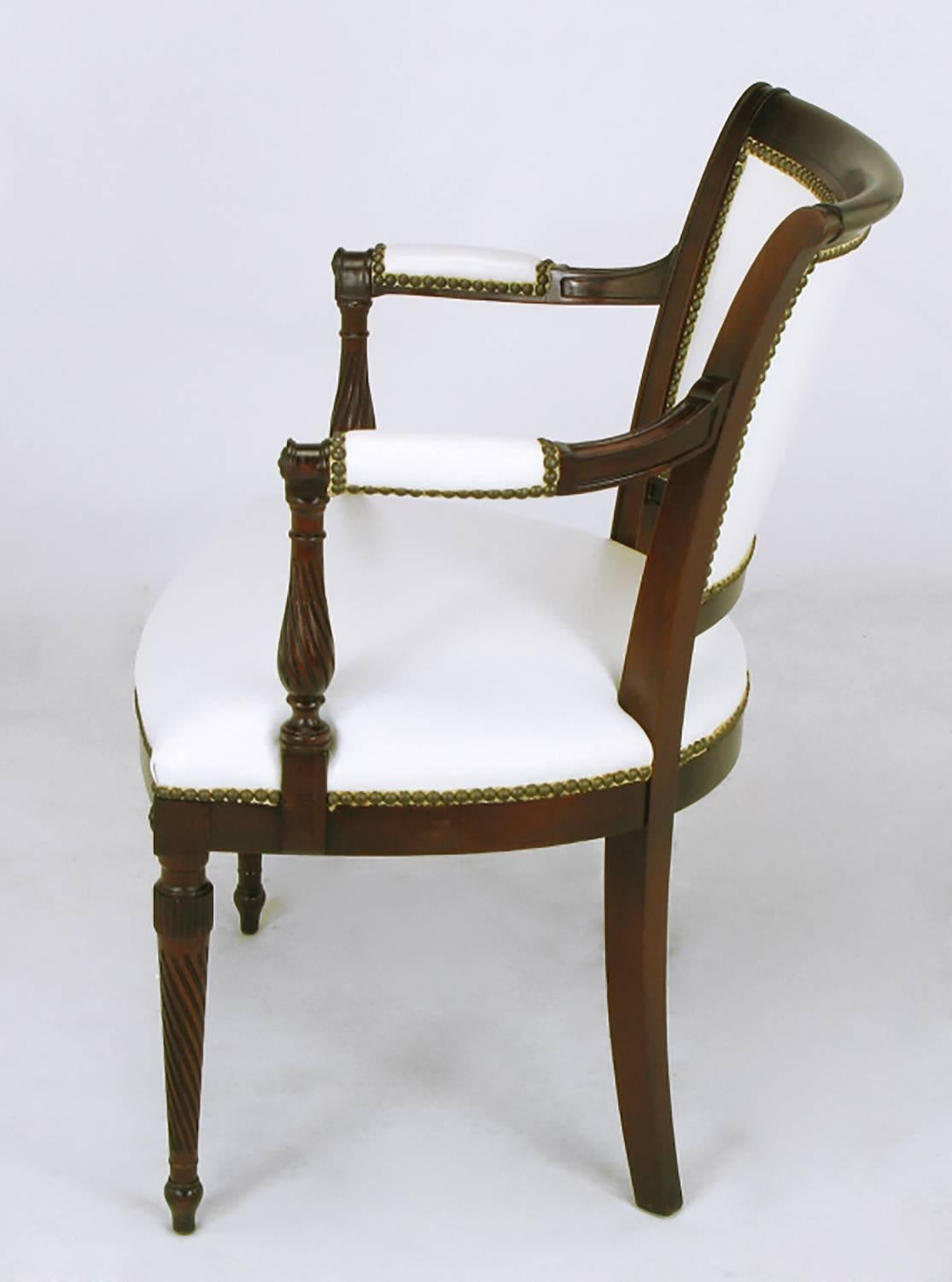 Brass Set of Six 1940s Louis XVI Style Cherry and White Leather Dining Chairs For Sale