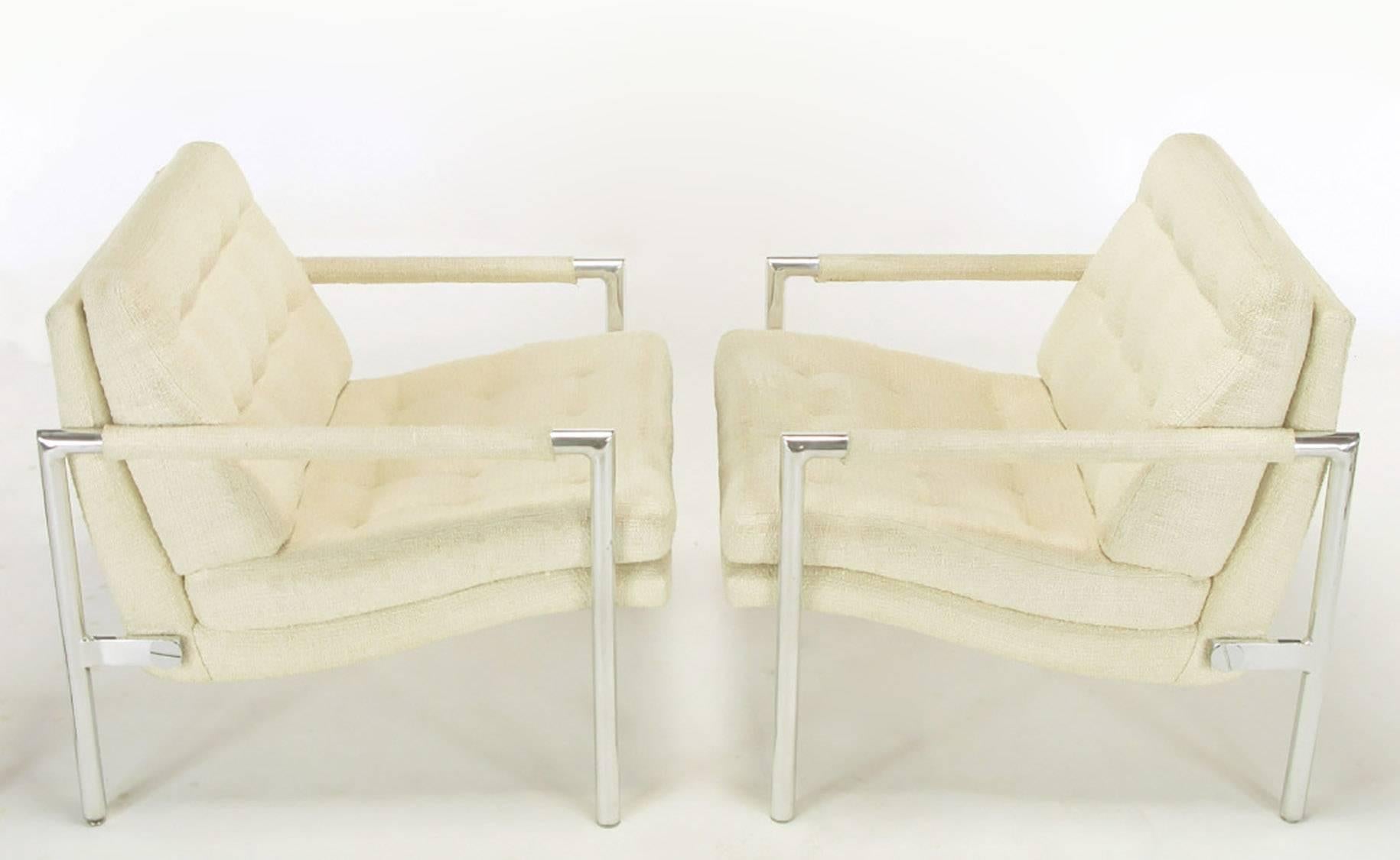 American Pair of Polished Aluminum & Linen Lounge Chairs in the Manner of Harvey Probber For Sale