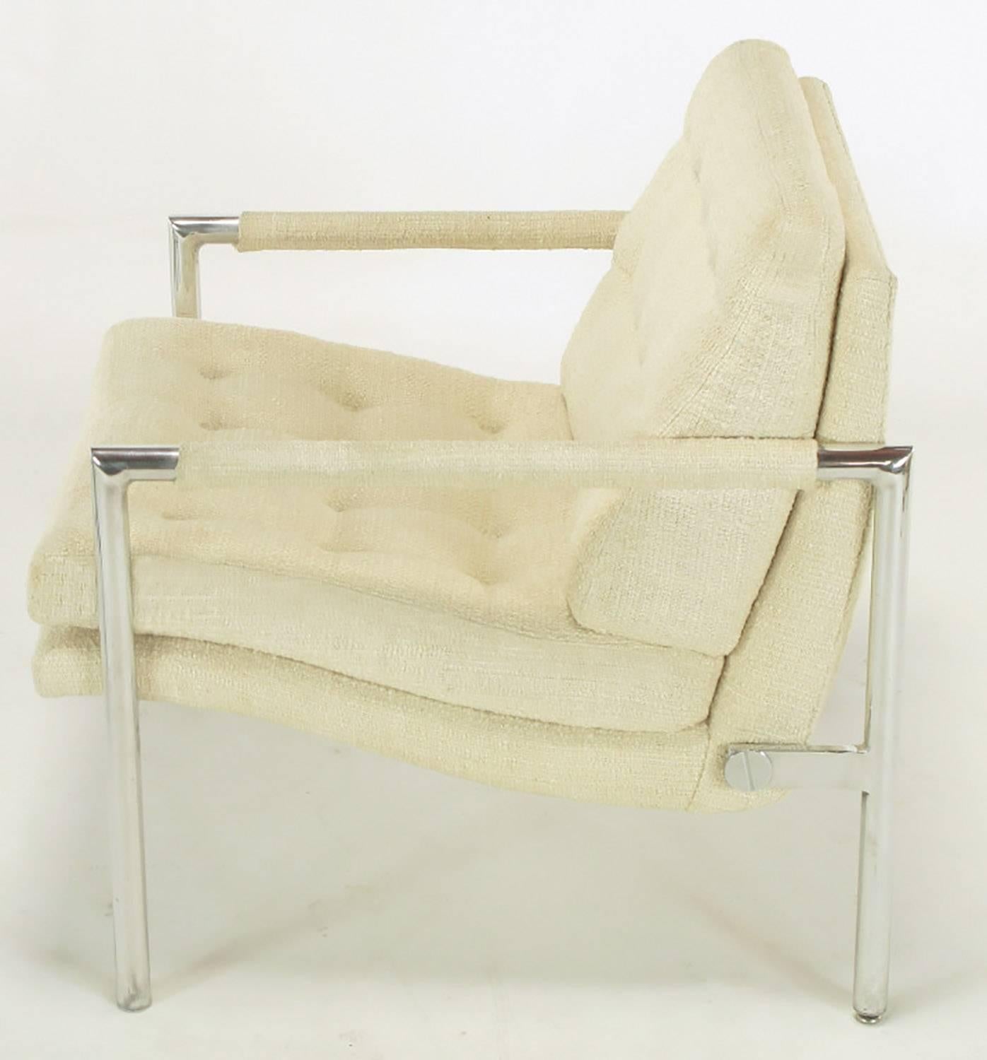 Silk Pair of Polished Aluminum & Linen Lounge Chairs in the Manner of Harvey Probber For Sale