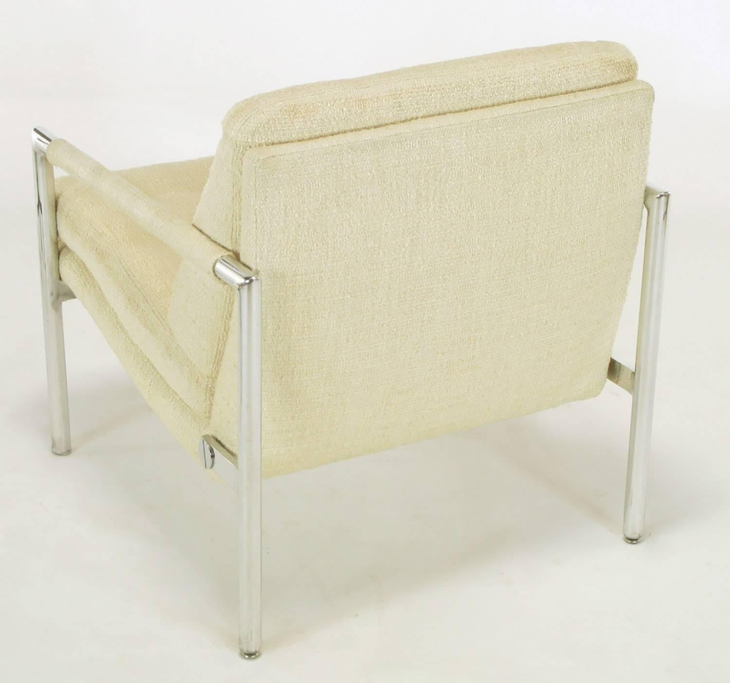 Pair of Polished Aluminum & Linen Lounge Chairs in the Manner of Harvey Probber For Sale 1