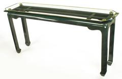 Heathered Green Ming Style Console Table with Beveled Glass Atop Brass Spheres
