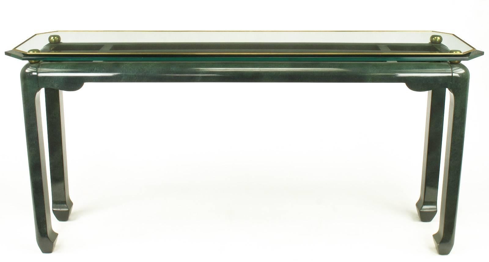 American Heathered Green Ming Style Console Table with Beveled Glass Atop Brass Spheres