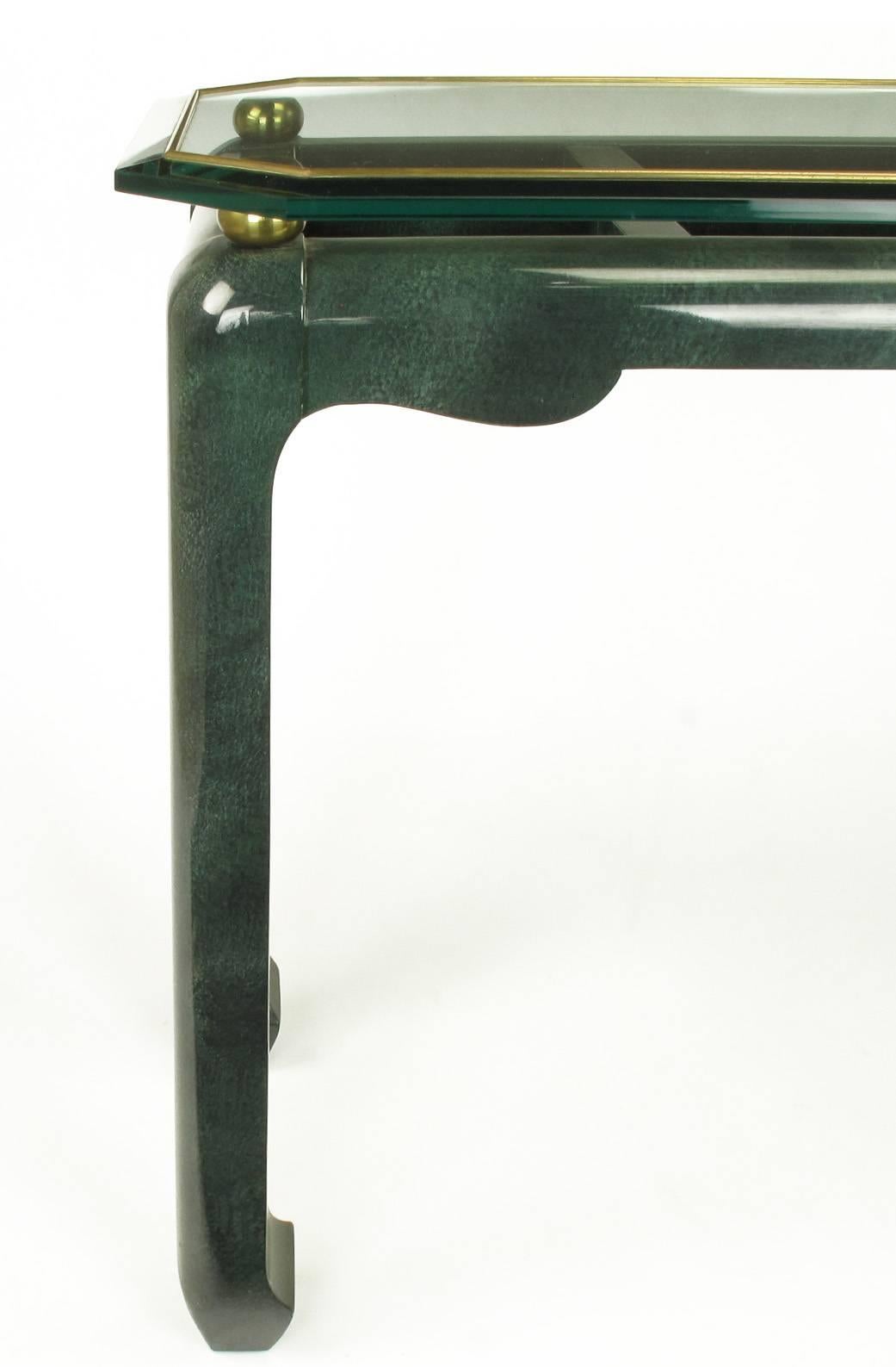 Late 20th Century Heathered Green Ming Style Console Table with Beveled Glass Atop Brass Spheres