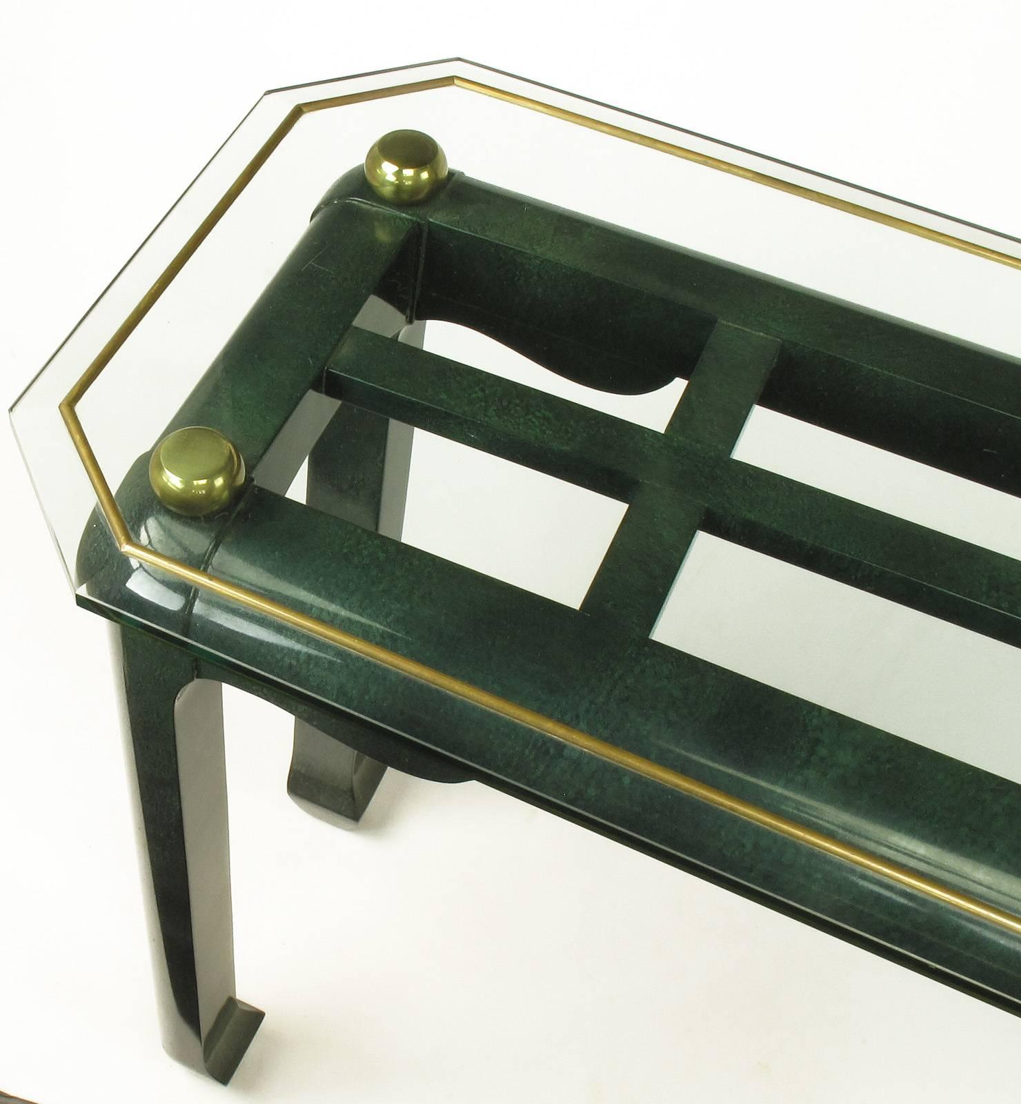 Heathered Green Ming Style Console Table with Beveled Glass Atop Brass Spheres 1