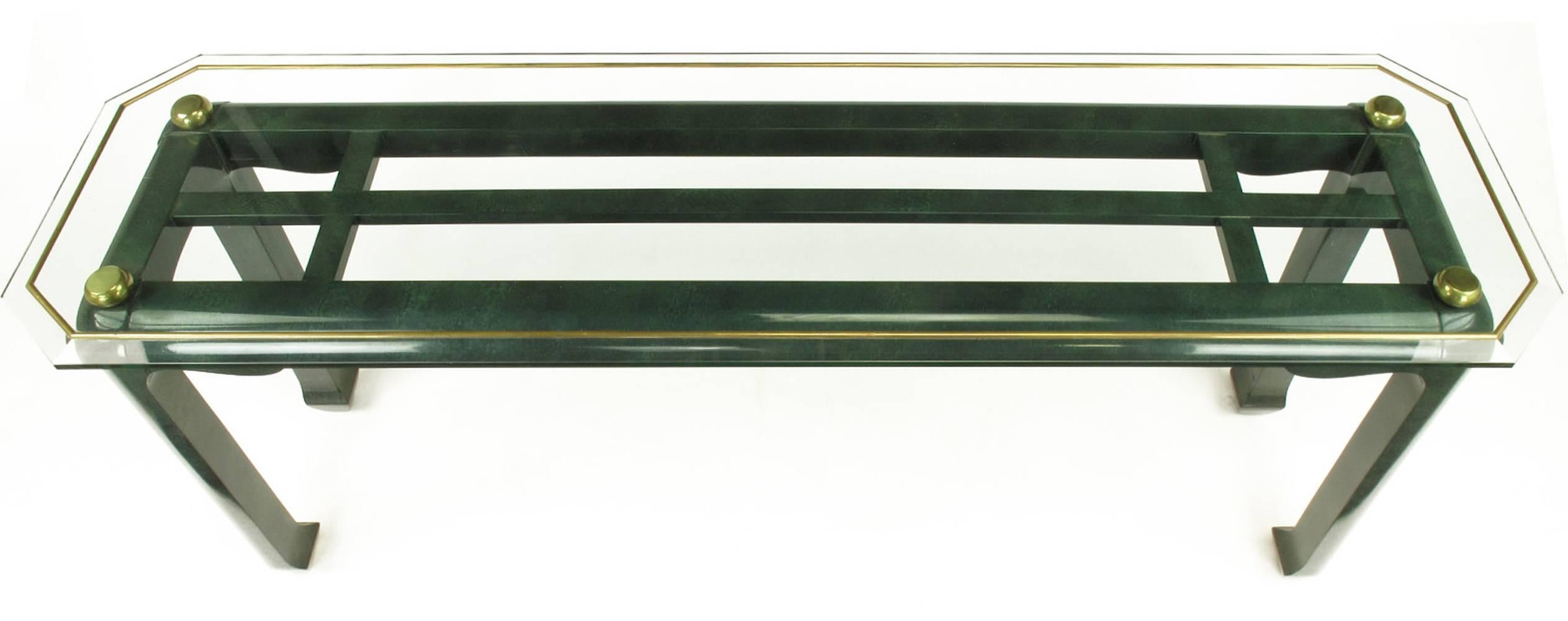 Grüner Konsolentisch im Ming-Stil mit abgeschrägter Glasplatte auf Messingkugeln 2