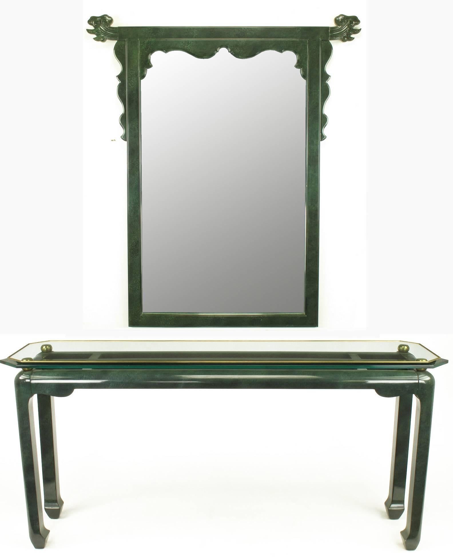 Heathered Green Ming Style Console Table with Beveled Glass Atop Brass Spheres 3