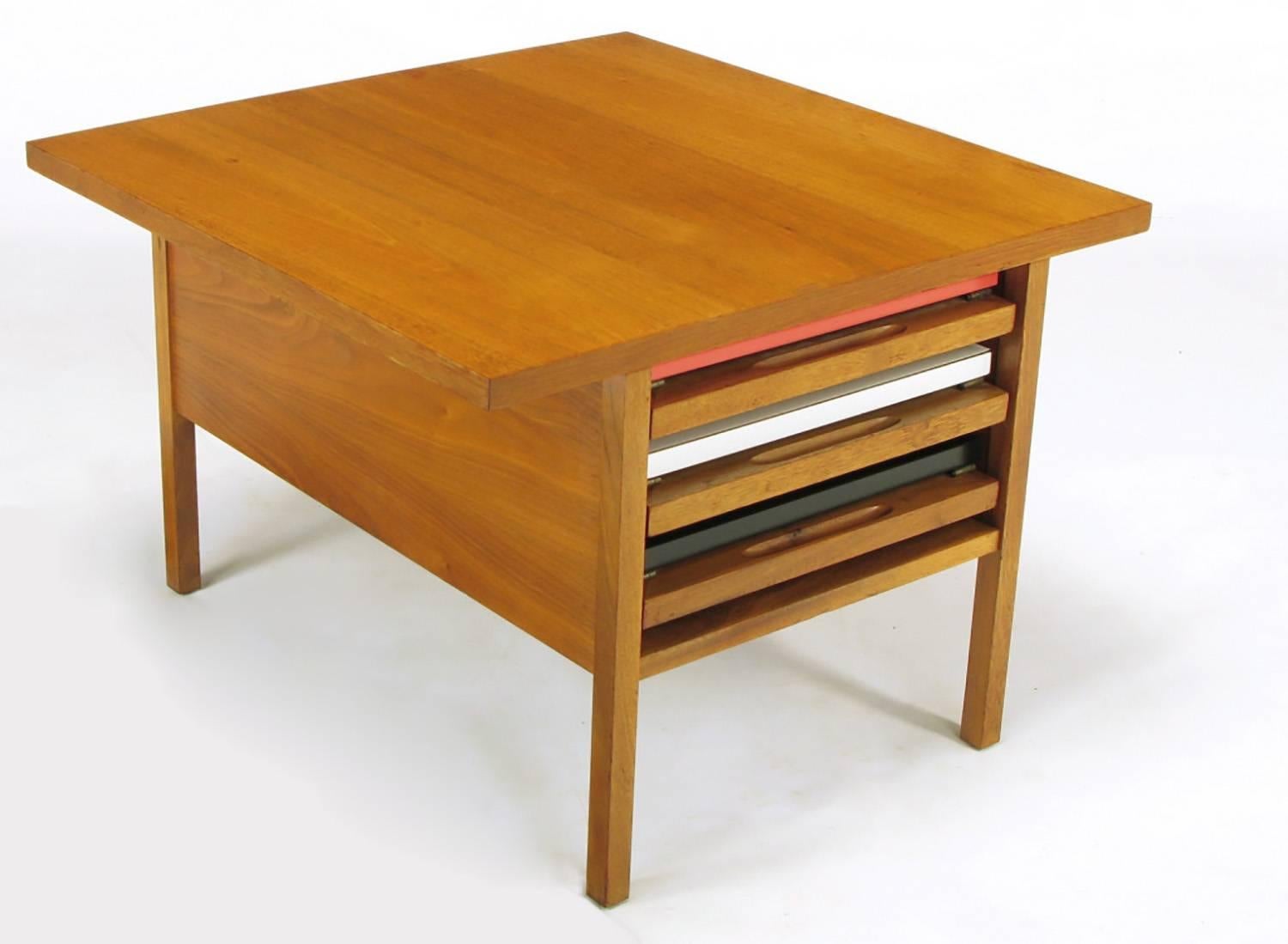 Rare coffee table with internal folding snack tables by John Keal for Brown Saltman. Bleached walnut wood square top coffee table with three internal side or snack tables. Each table has collapsible bleached walnut sides that fold underneath the