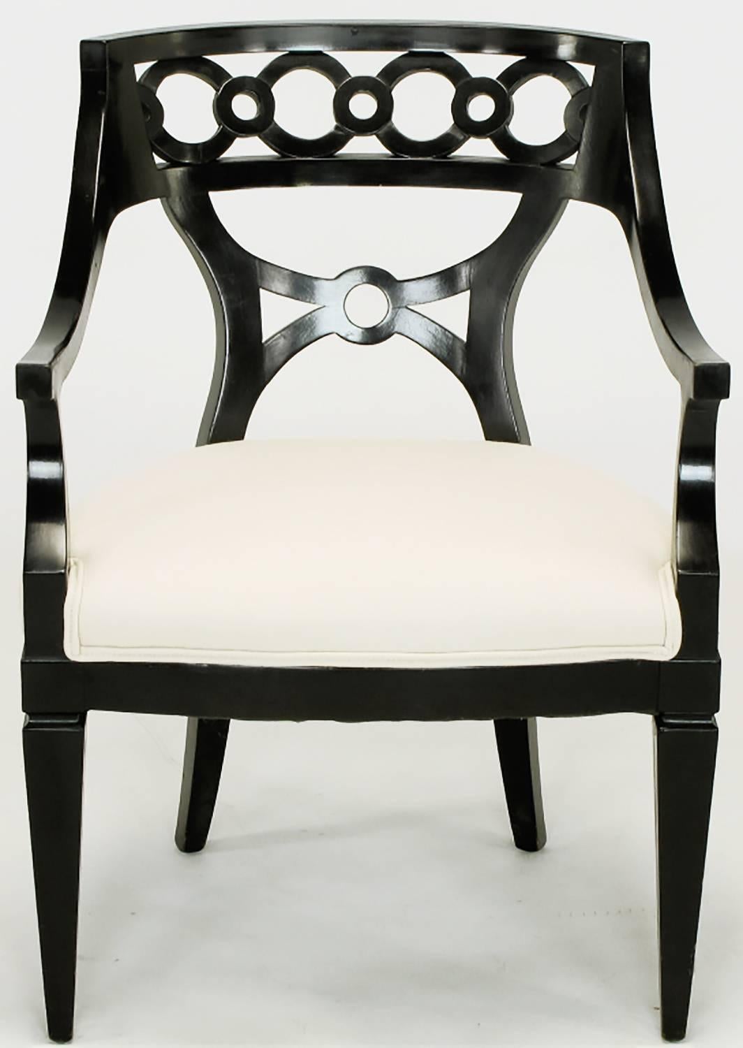 American Pair of Black Lacquer and Wool Armchairs with Interlocking Rings For Sale