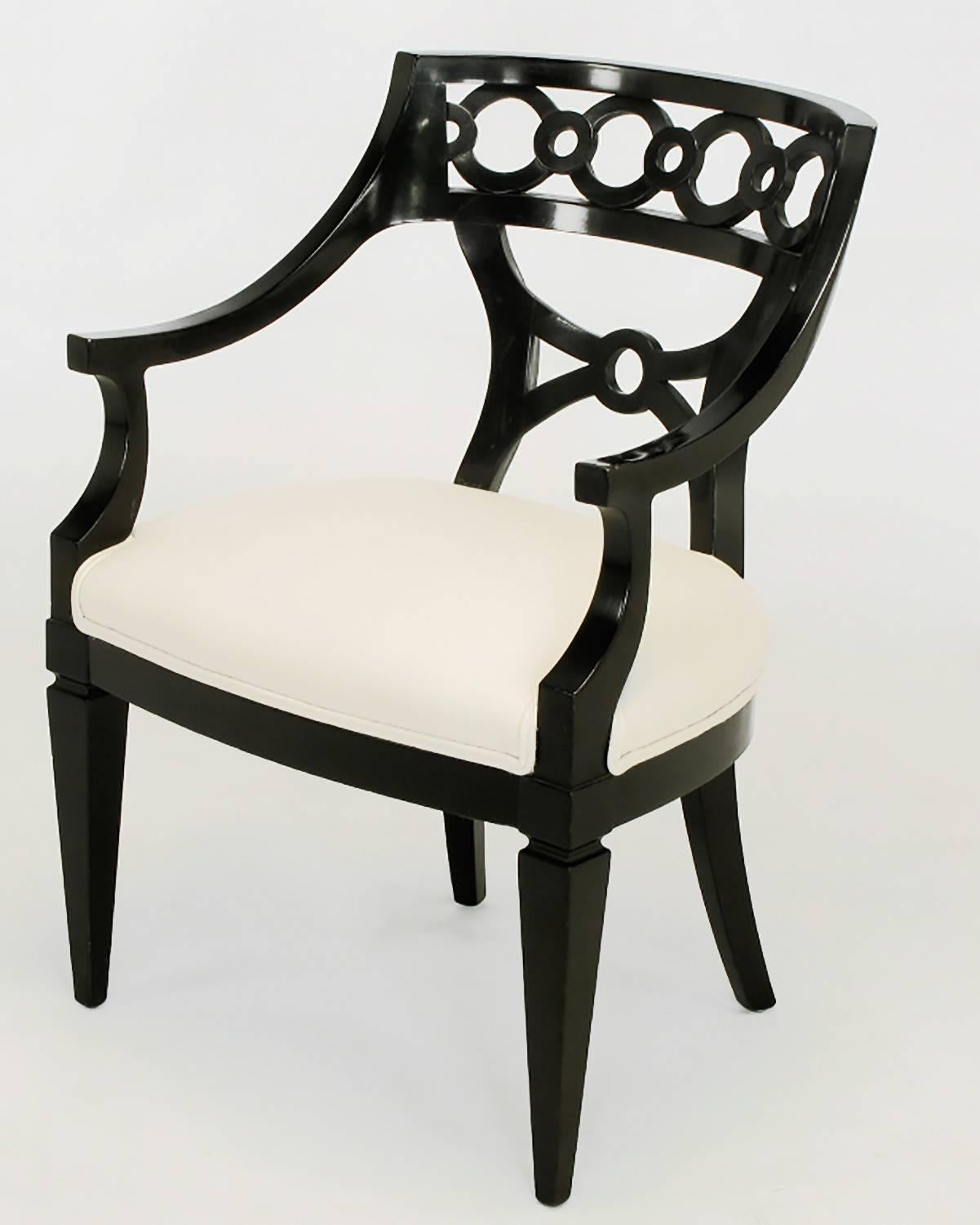 Pair of Black Lacquer and Wool Armchairs with Interlocking Rings In Excellent Condition For Sale In Chicago, IL