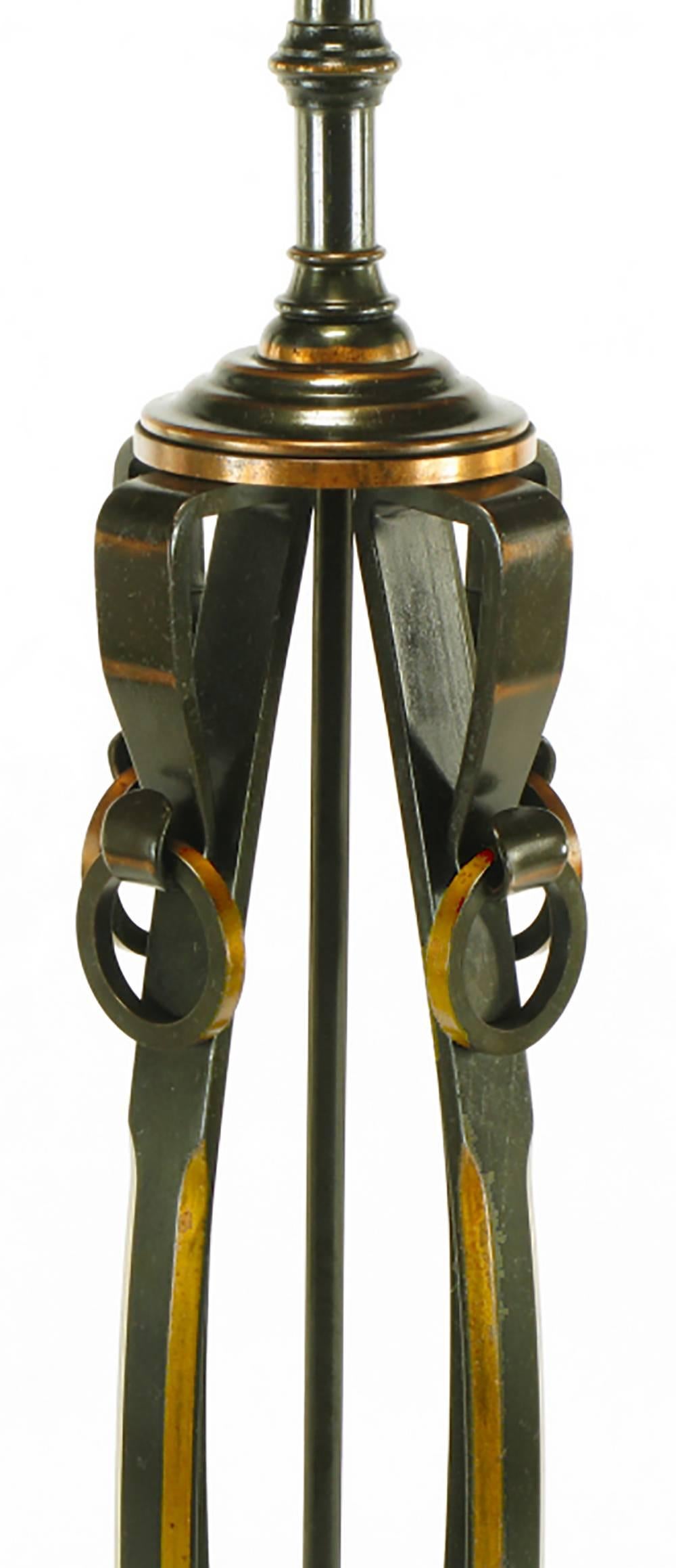 Elegant 1930s Floor Lamp of Copper over Bronze Straps with Drop-Rings In Good Condition For Sale In Chicago, IL