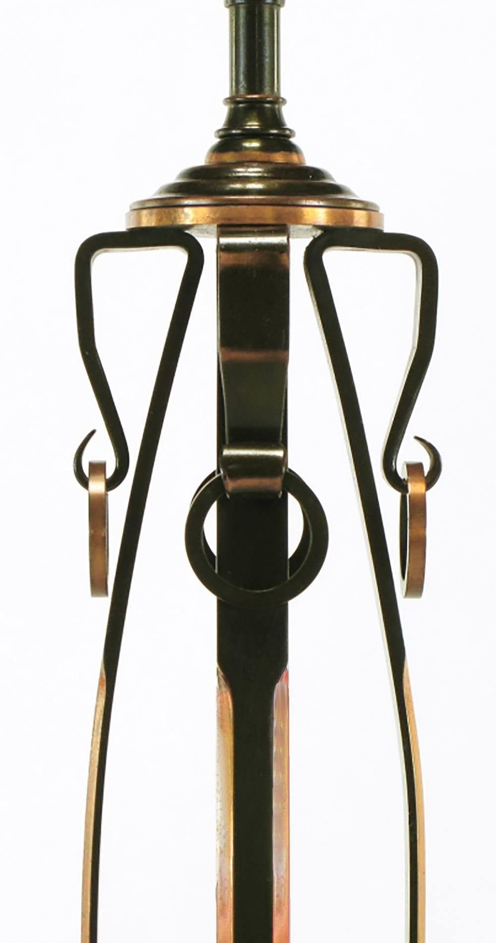 Mid-20th Century Elegant 1930s Floor Lamp of Copper over Bronze Straps with Drop-Rings For Sale