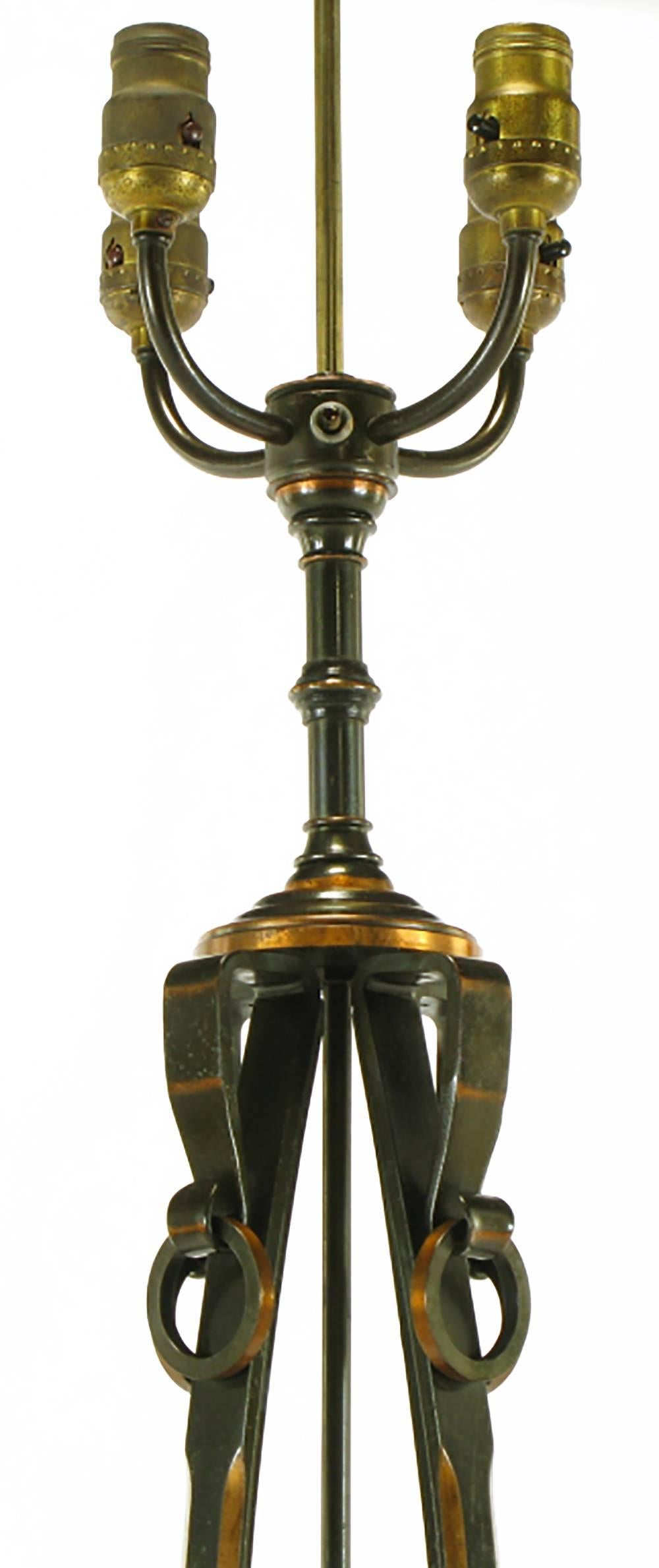 Brass Elegant 1930s Floor Lamp of Copper over Bronze Straps with Drop-Rings For Sale