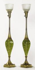 Paire de lampes de bureau Rembrandt en céramique verte et laiton