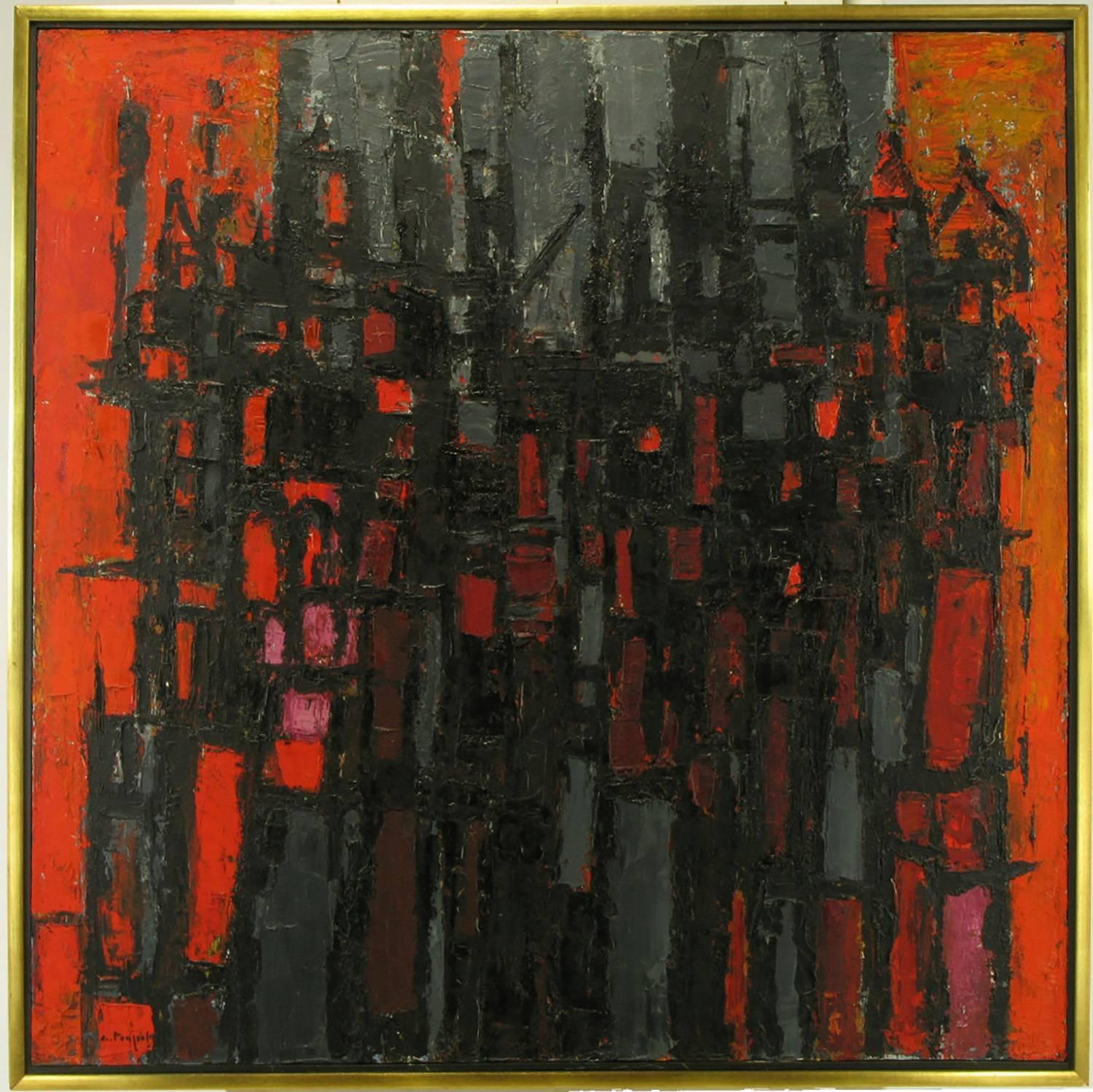 Large and vibrantly colored in orange, red, fuschia, gray and black, abstract expressionistic oil on canvas by listed Greek-American artist, Constantine Pougialis. Constantine Pougialis (1894-1985) was born in Xulokastro, Greece and arrived in