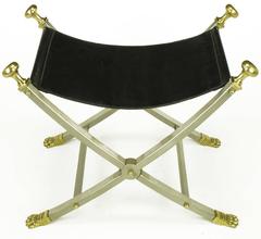 Pair of Maison Jansen Black Leather, Brass and Brushed Nickel Benches