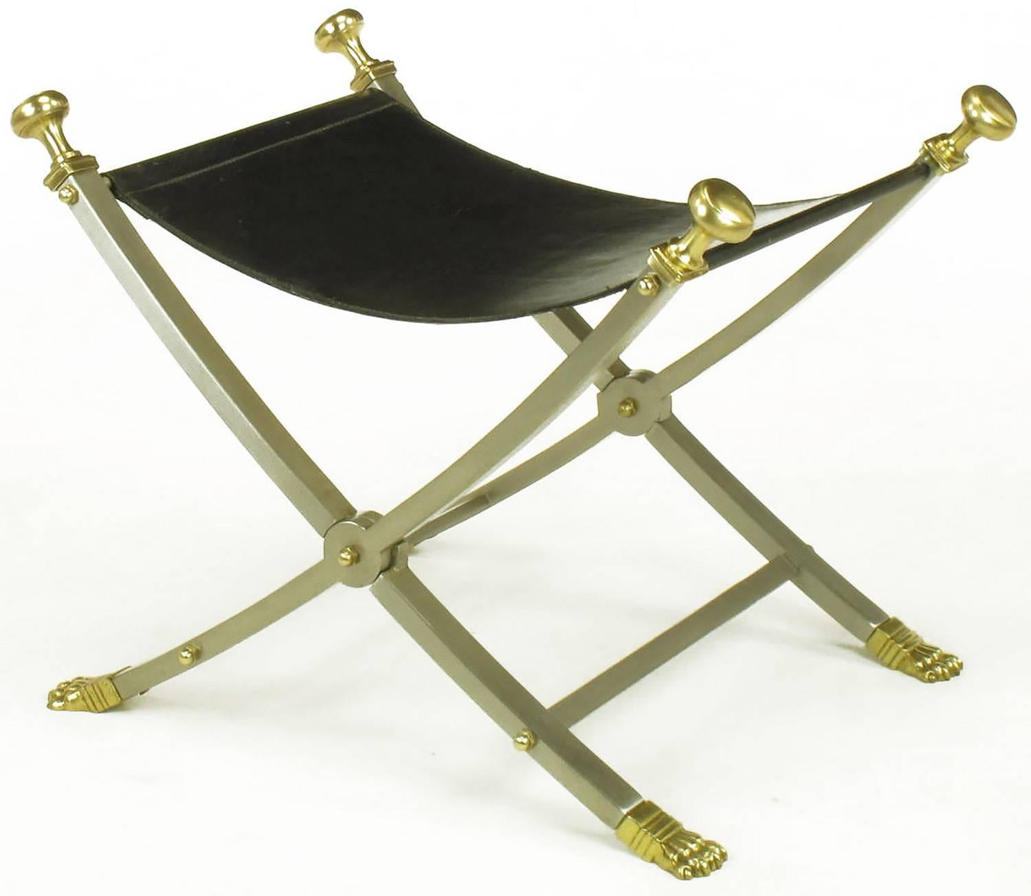 Italian Pair of Maison Jansen Black Leather, Brass and Brushed Nickel Benches