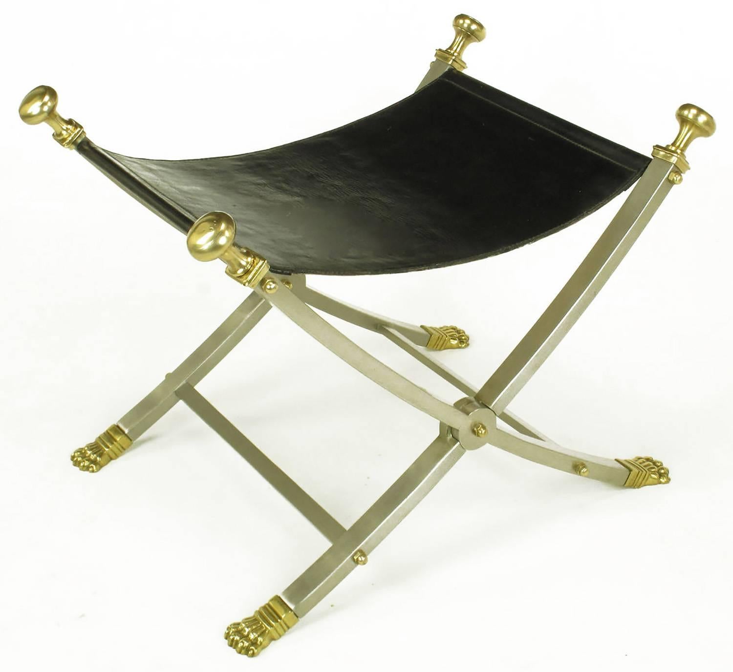 Pair of Maison Jansen Black Leather, Brass and Brushed Nickel Benches (Gebürstet)