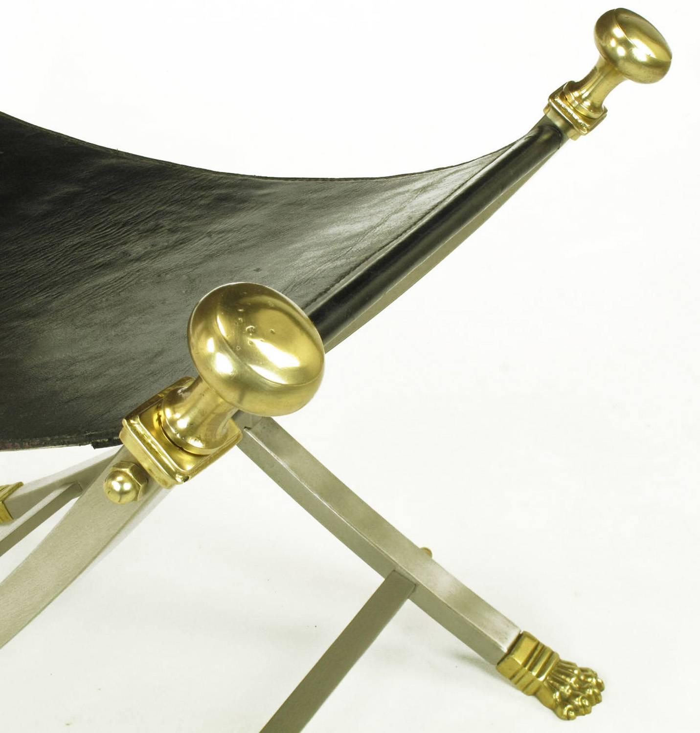 Pair of Maison Jansen Black Leather, Brass and Brushed Nickel Benches (Ende des 20. Jahrhunderts)